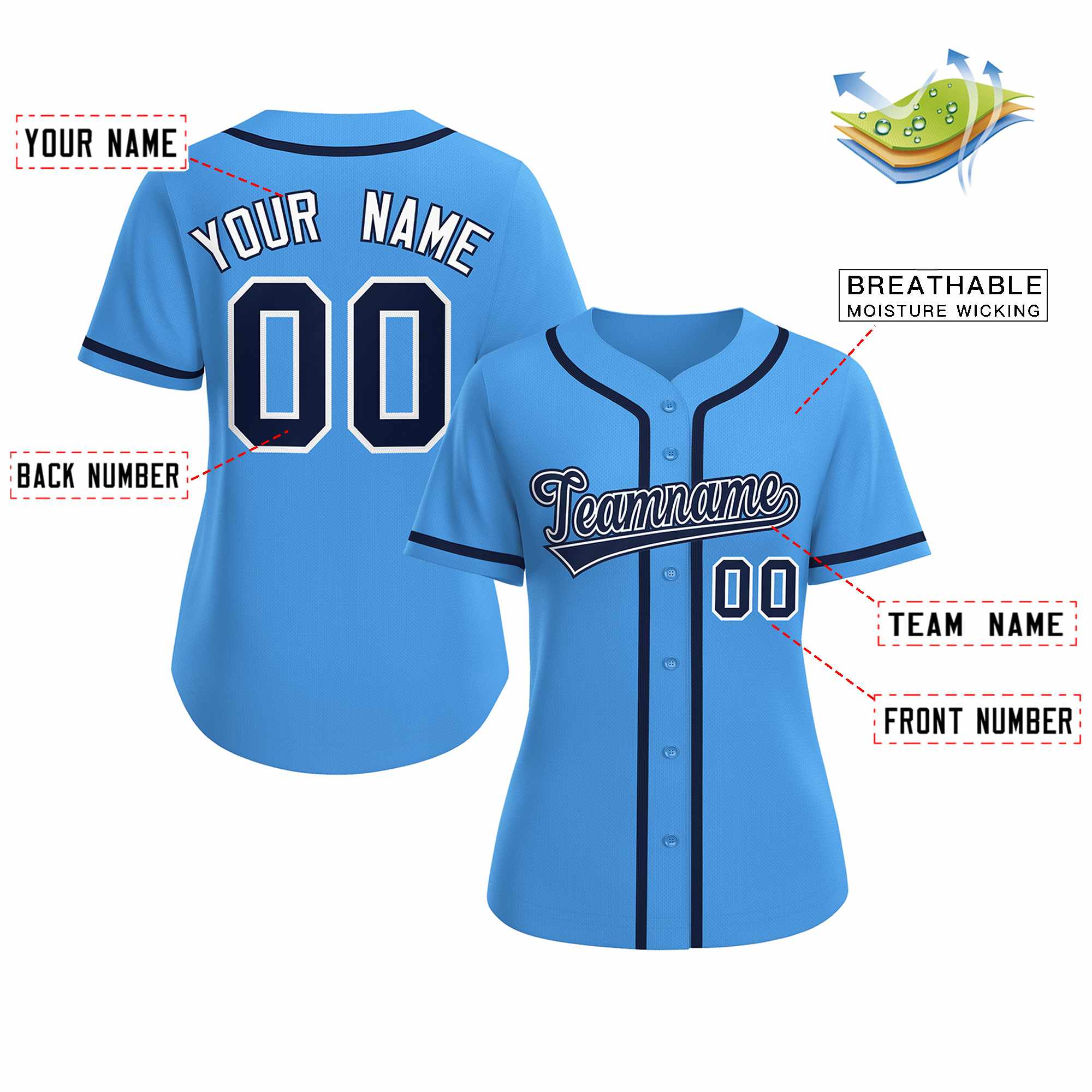 Custom Powder Blue Navy White Classic Style Baseball Jersey for Women