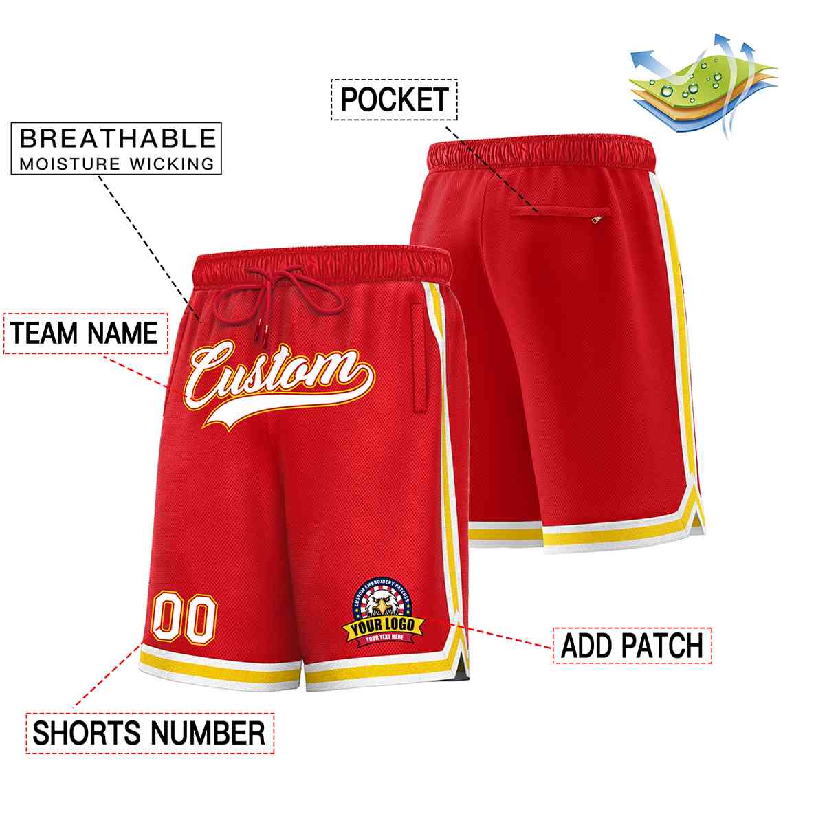 Custom Red White-Gold Classic Style Basketball Mesh Shorts