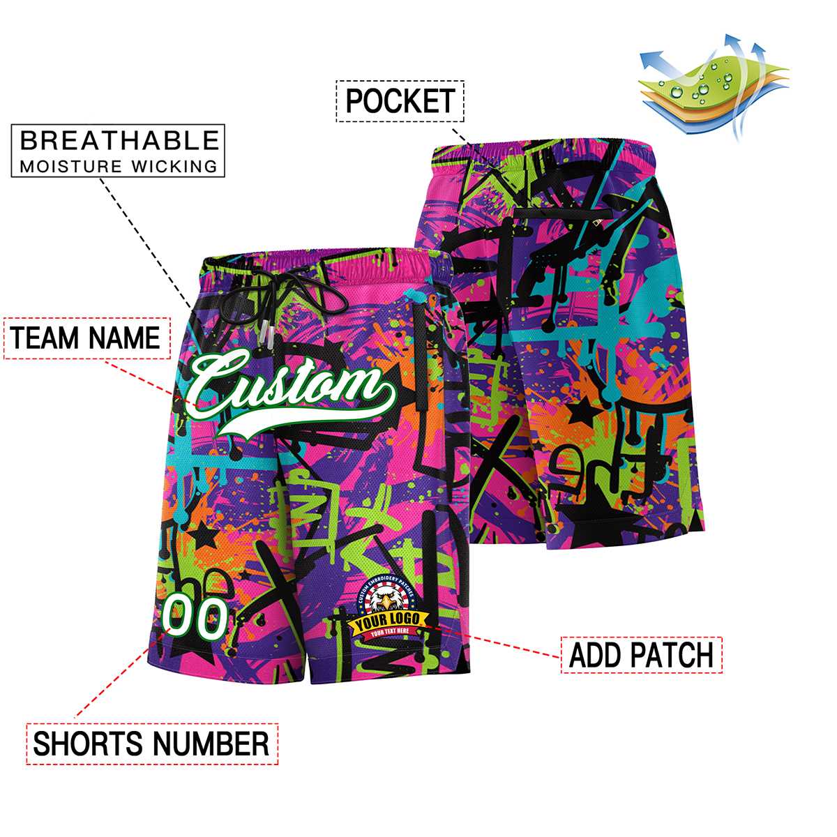 Custom Purple White Green Font Personalized Graffiti Pattern Shorts