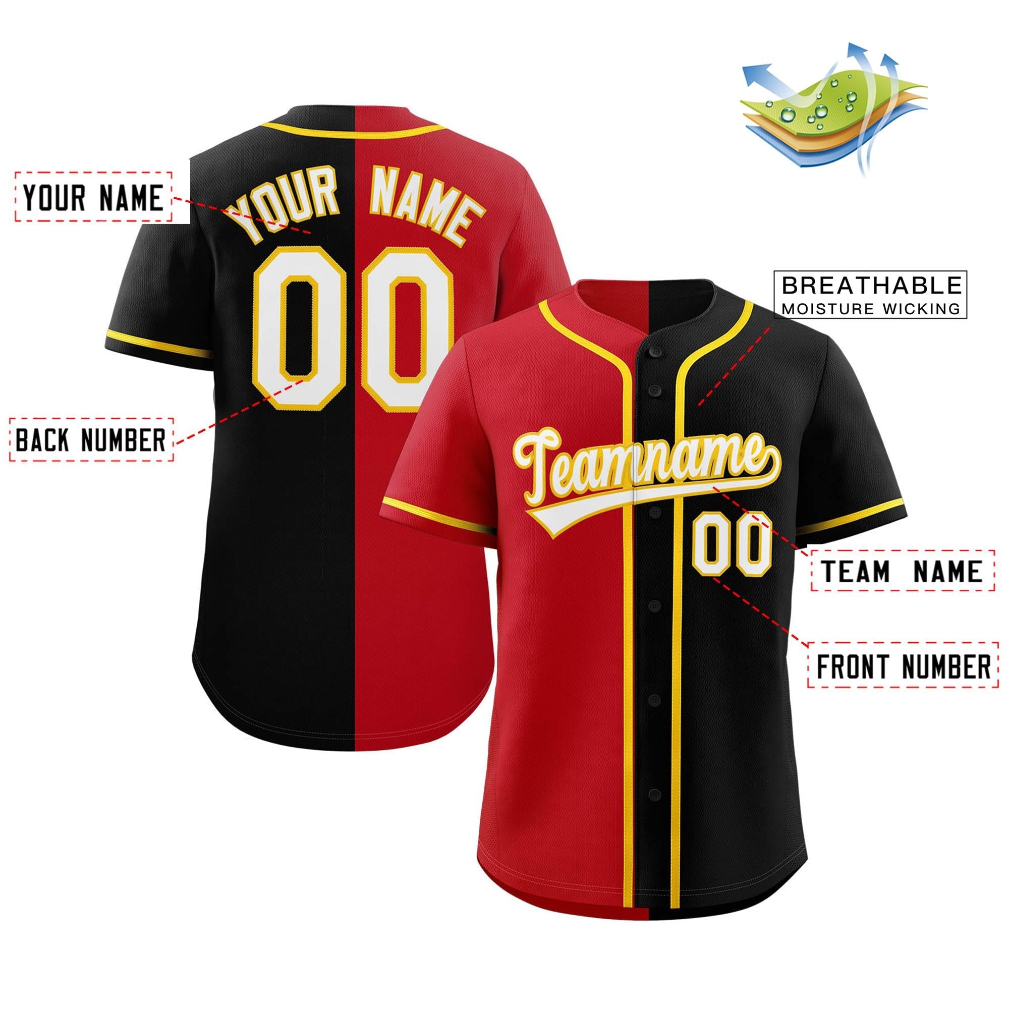 black & red split baseeball jersey