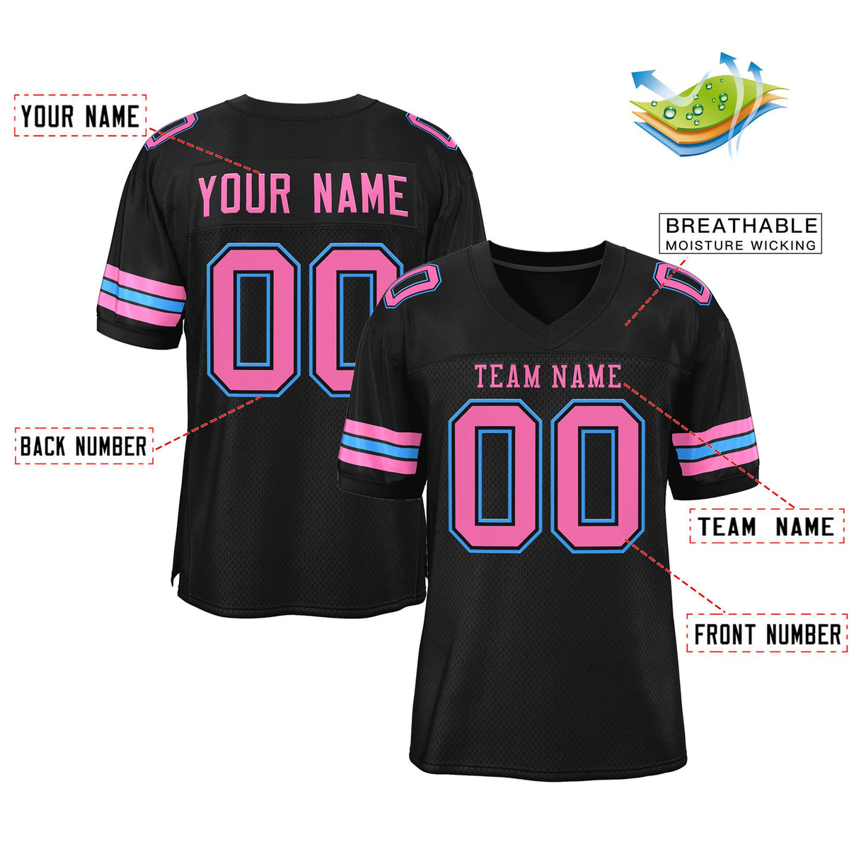 Custom Black Pink-Powder Blue Classic Style Authentic Football Jersey