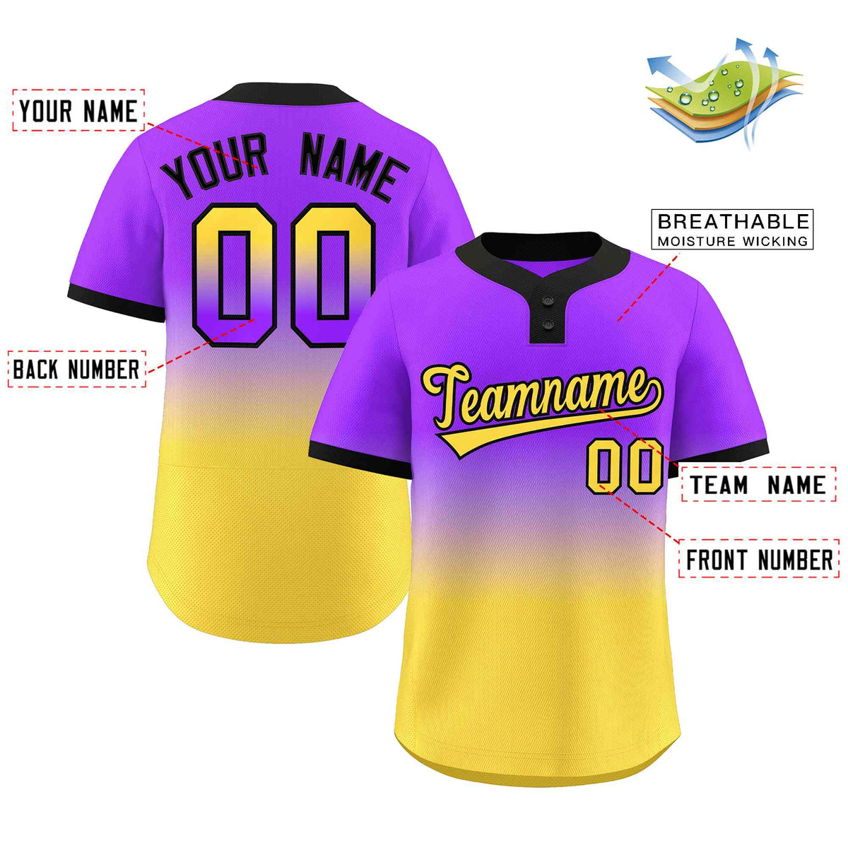 Custom Purple Gold Gold-Black Gradient Fashion Authentic Two-Button Softball Jersey