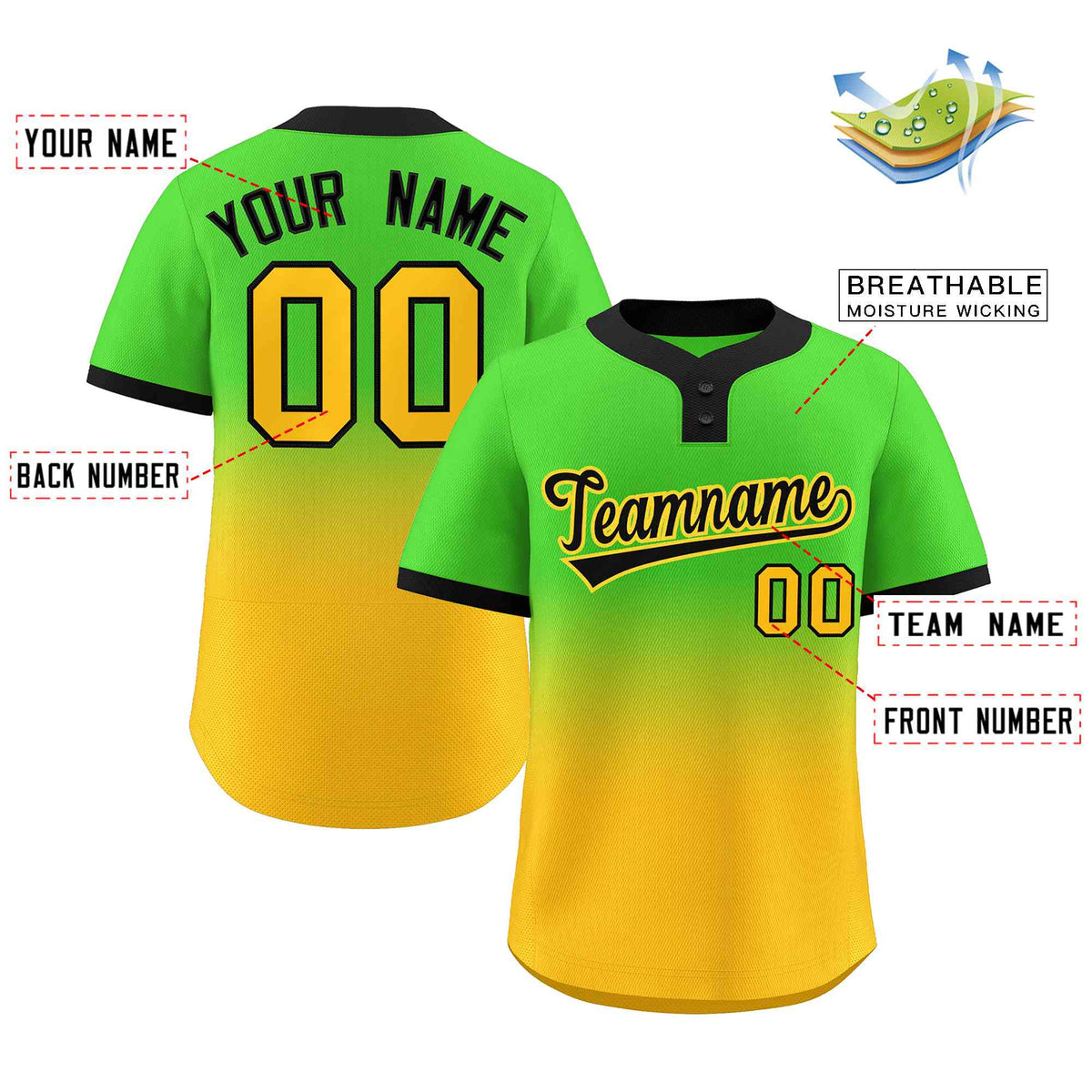 Custom Neon Green Gold Black-Gold Gradient Fashion Authentic Two-Button Softball Jersey