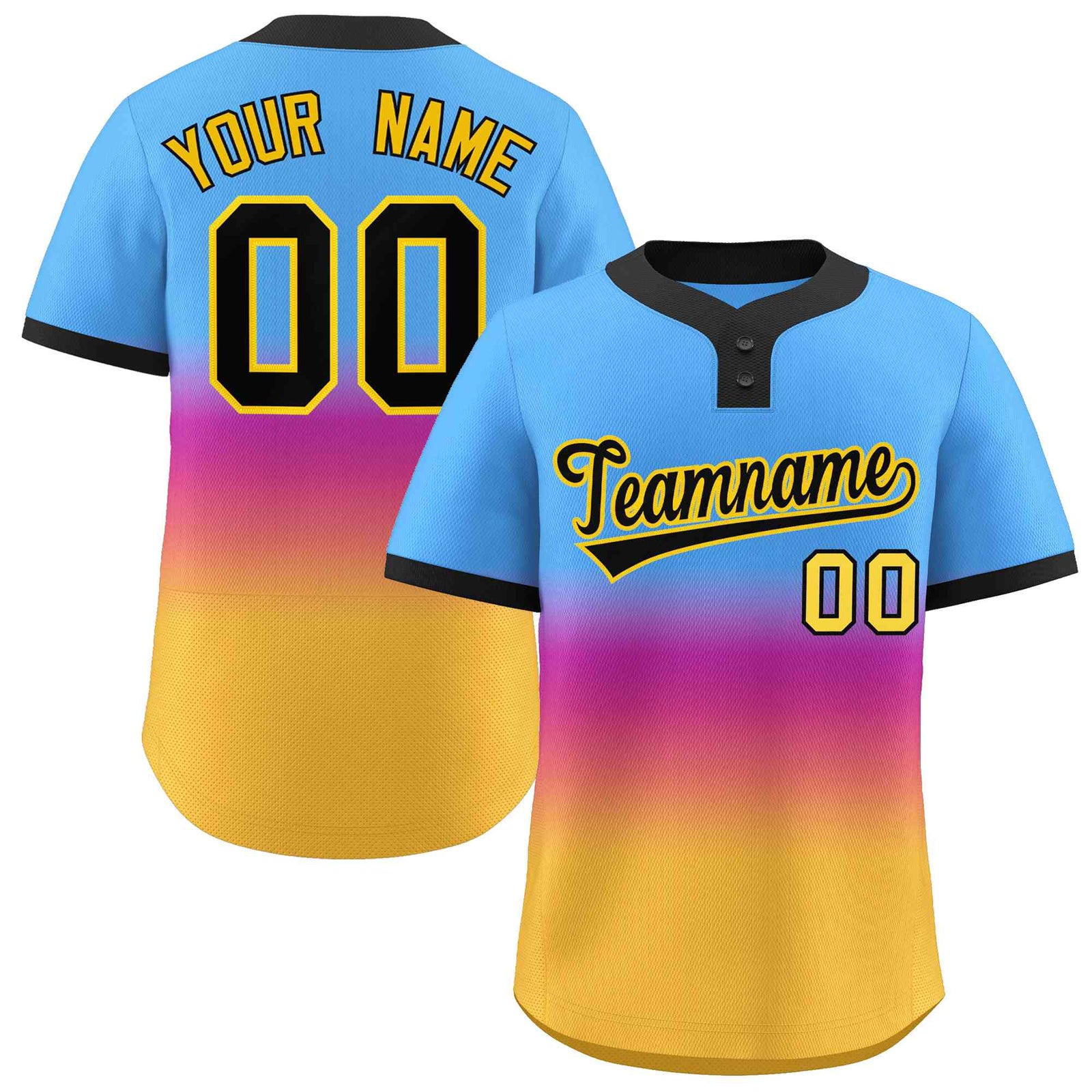 Custom Powder Blue Purple Black-Gold Gradient Fashion Authentic Two-Button Softball Jersey