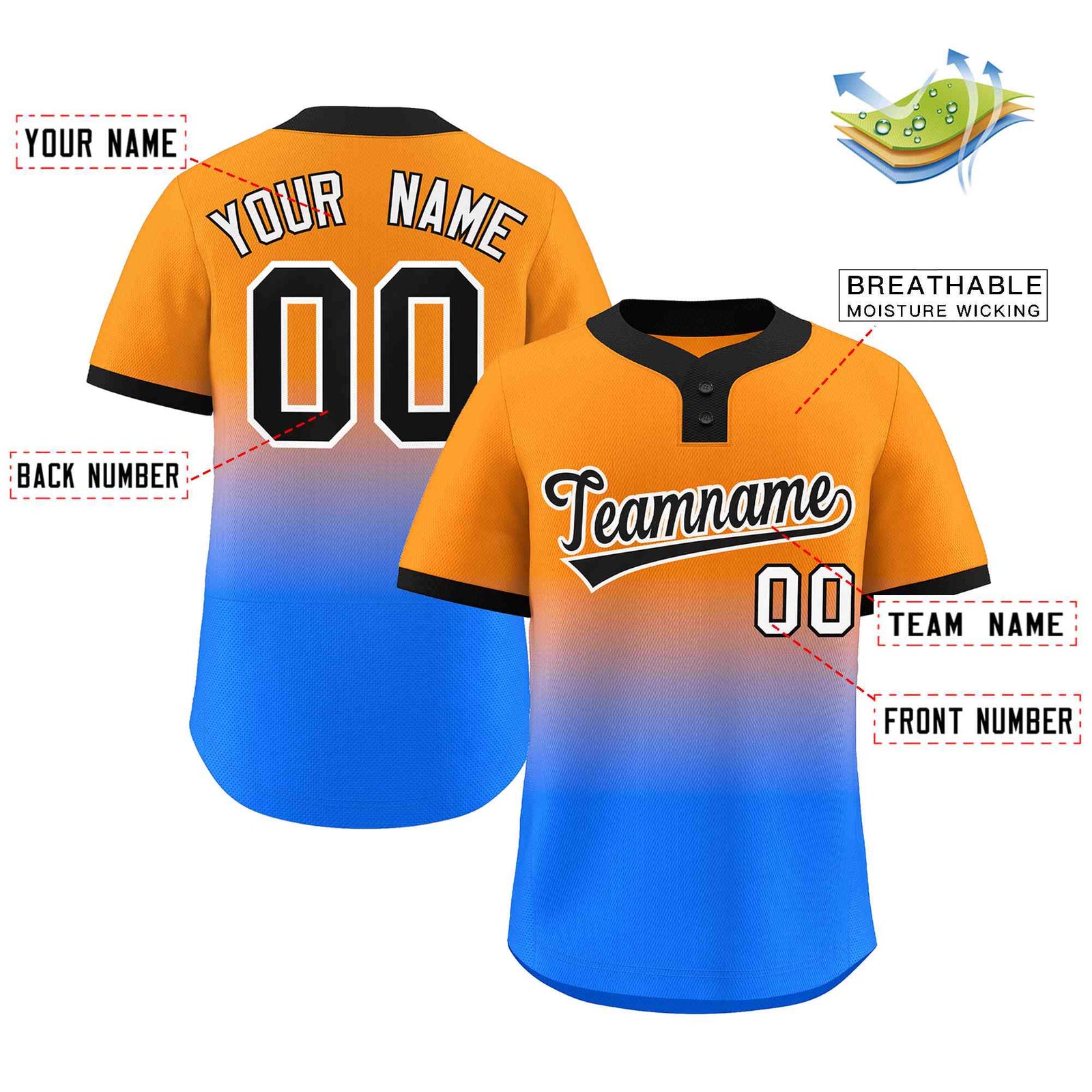 Custom Orange Powder Blue Black-White Gradient Fashion Authentic Two-Button Softball Jersey