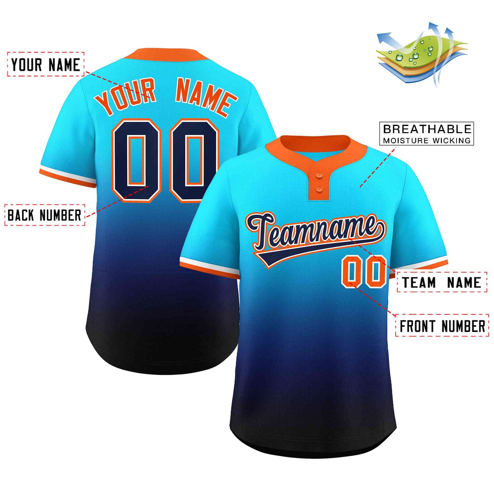 Custom Light Blue Navy Navy-White Gradient Fashion Authentic Two-Button Softball Jersey