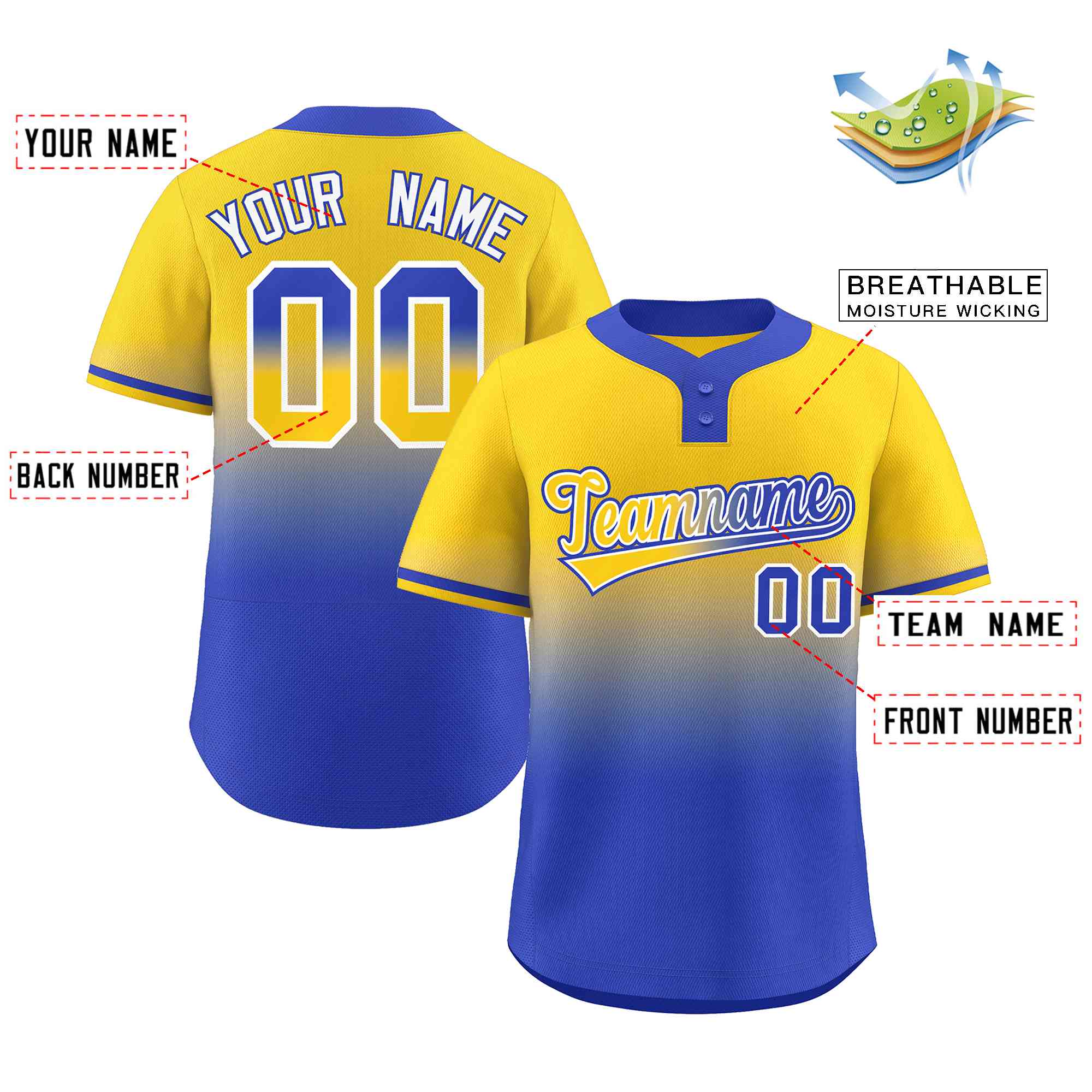 Custom Gold Royal Gold-White Gradient Fashion Authentic Two-Button Softball Jersey
