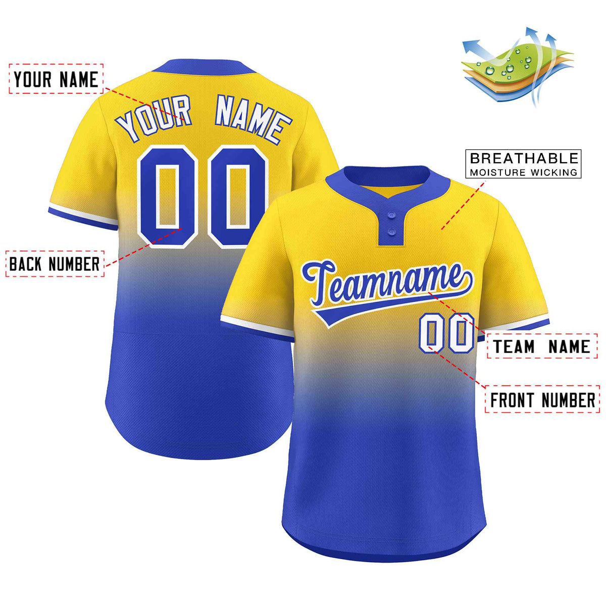 Custom Gold Royal Royal-White Gradient Fashion Authentic Two-Button Softball Jersey