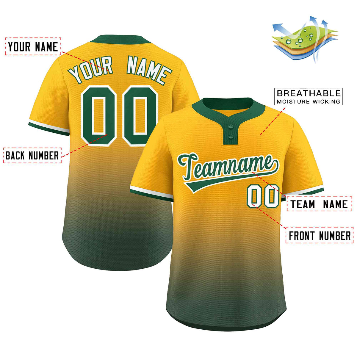 Custom Yellow Green Green-White Gradient Fashion Authentic Two-Button Softball Jersey