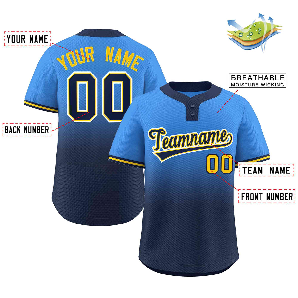 Custom Powder Blue Navy Navy-Gold Gradient Fashion Authentic Two-Button Softball Jersey