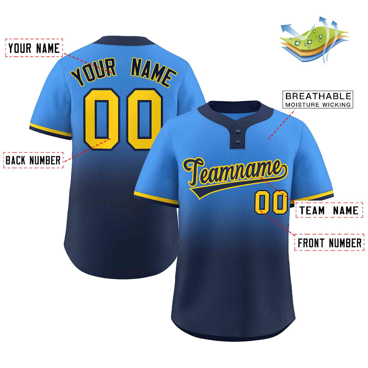 Custom Powder Blue Navy Navy-Gold Gradient Fashion Authentic Two-Button Softball Jersey
