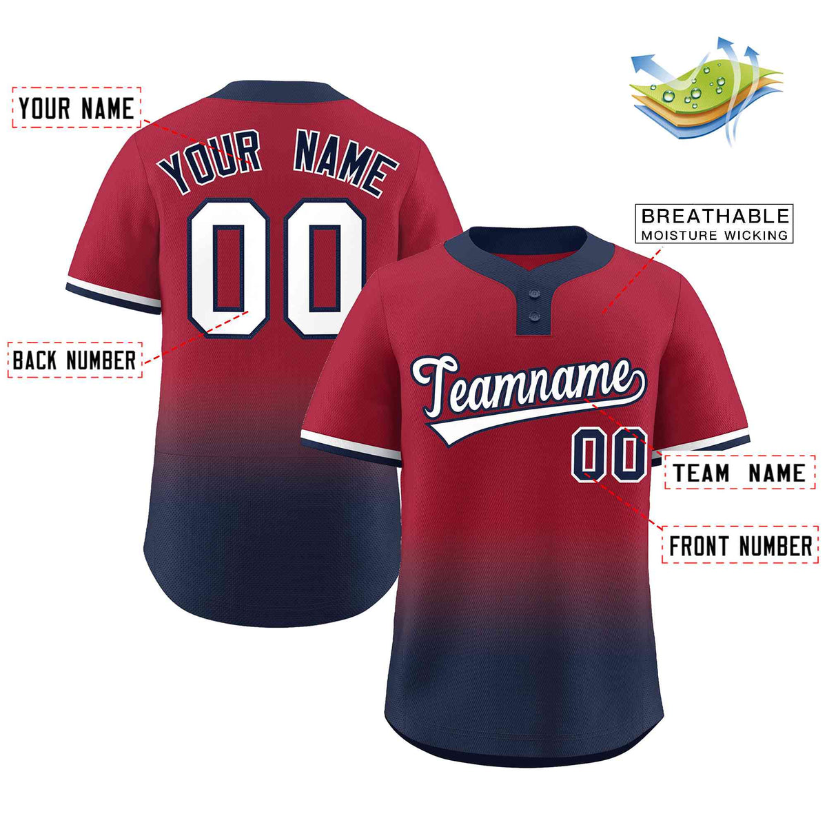 Custom Crimson Navy White-Navy Gradient Fashion Authentic Two-Button Softball Jersey