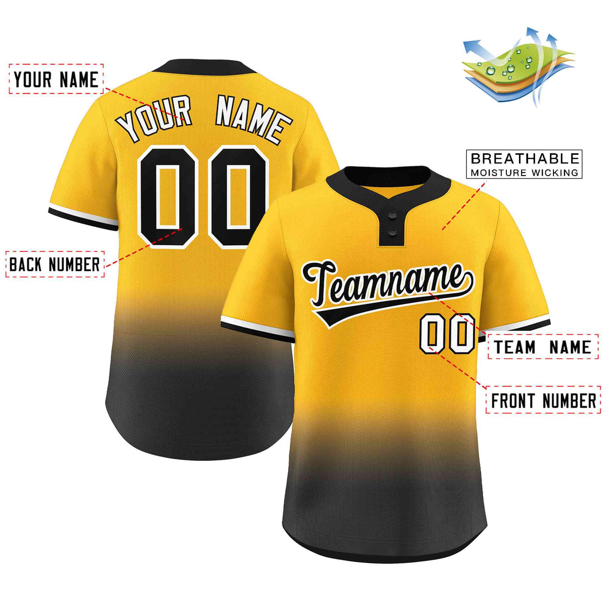 Custom Gold Black Black-White Gradient Fashion Authentic Two-Button Softball Jersey