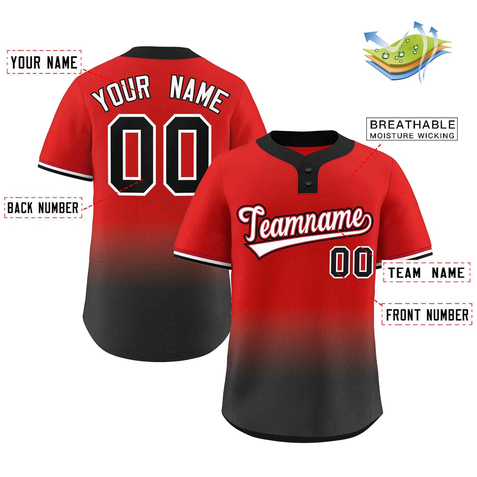 Custom Red Black White-Red Gradient Fashion Authentic Two-Button Softball Jersey