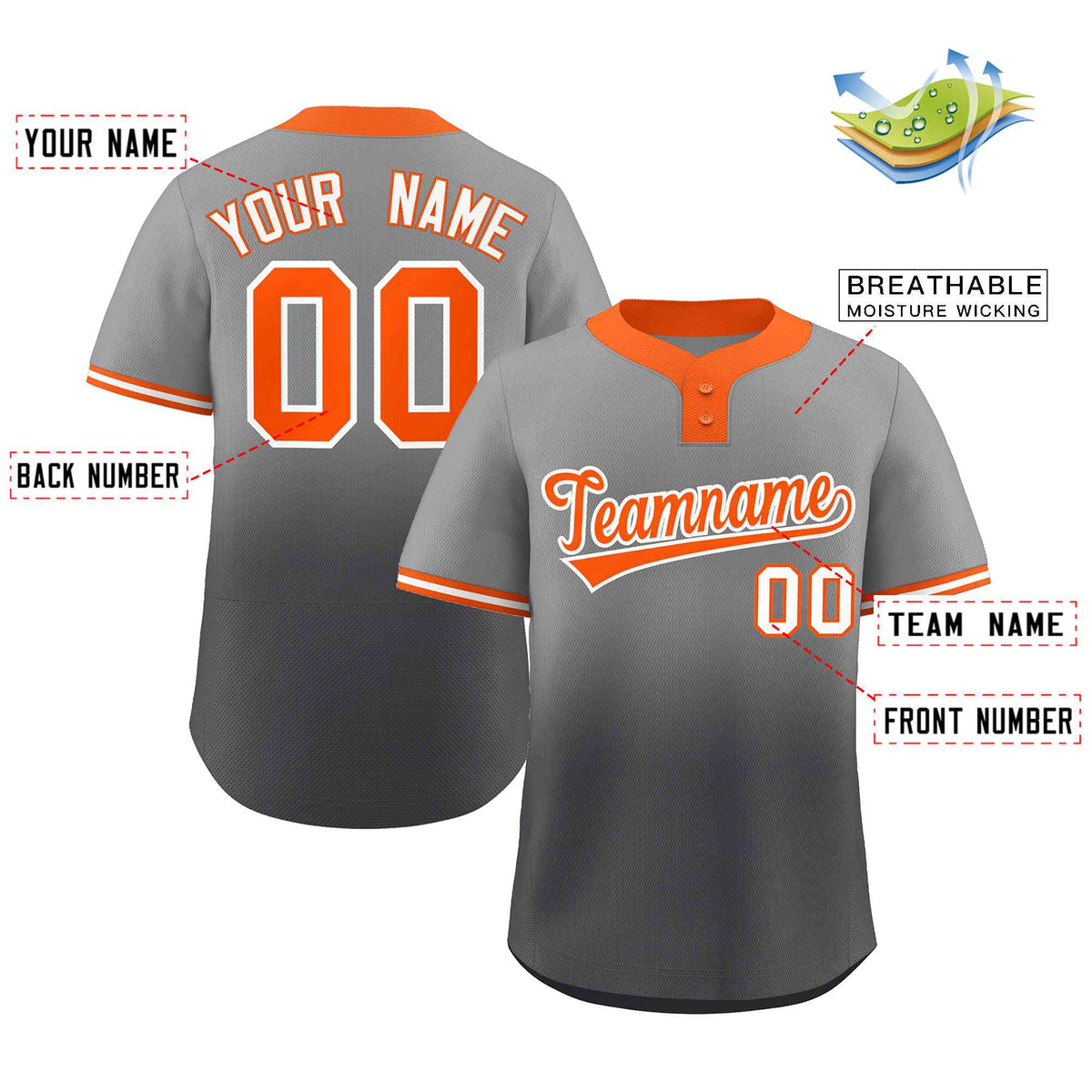 Custom Gray Dark Gray Orange-White Gradient Fashion Authentic Two-Button Softball Jersey