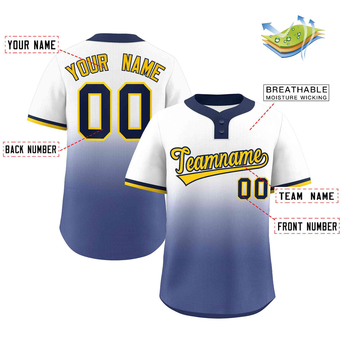 Custom White Navy Gold-Navy Gradient Fashion Authentic Two-Button Softball Jersey