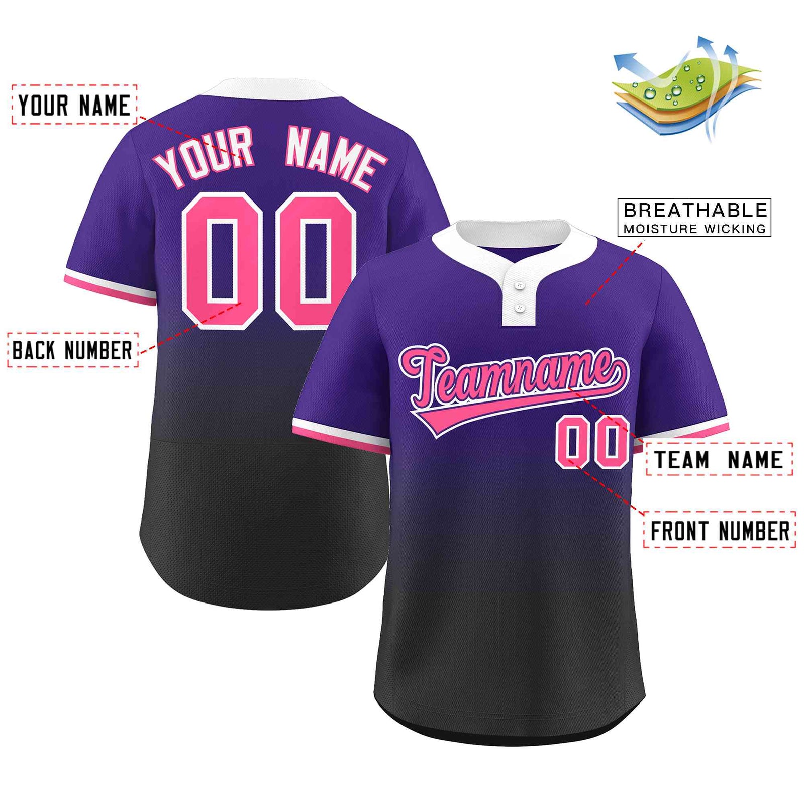 Custom Purple Black Pink-Purple Gradient Fashion Authentic Two-Button Softball Jersey