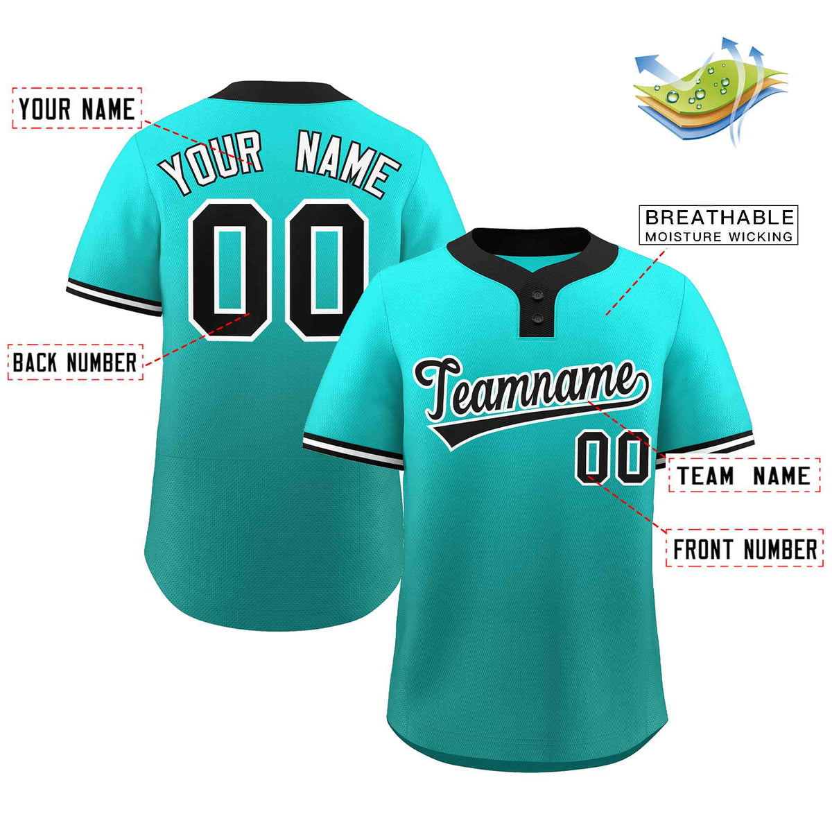 Custom Light Green Aqua Black-White Gradient Fashion Authentic Two-Button Softball Jersey