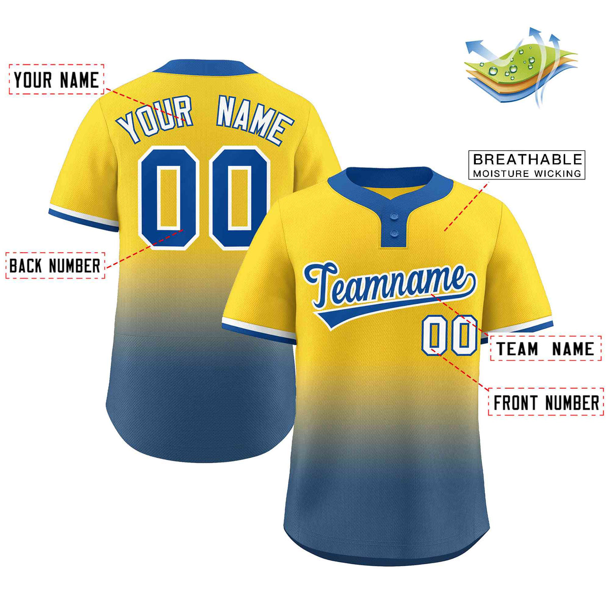 Custom Gold Royal Royal-White Gradient Fashion Authentic Two-Button Softball Jersey