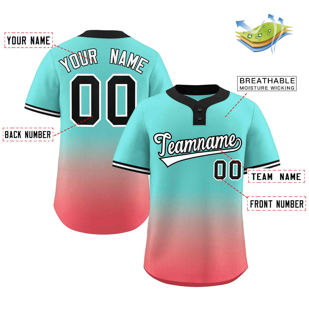 Custom Aqua Light Red White-Black Gradient Fashion Authentic Two-Button Softball Jersey