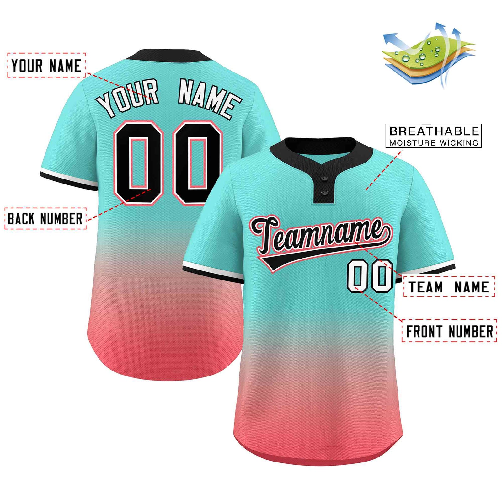 Custom Aqua Light Red Black-White Gradient Fashion Authentic Two-Button Softball Jersey