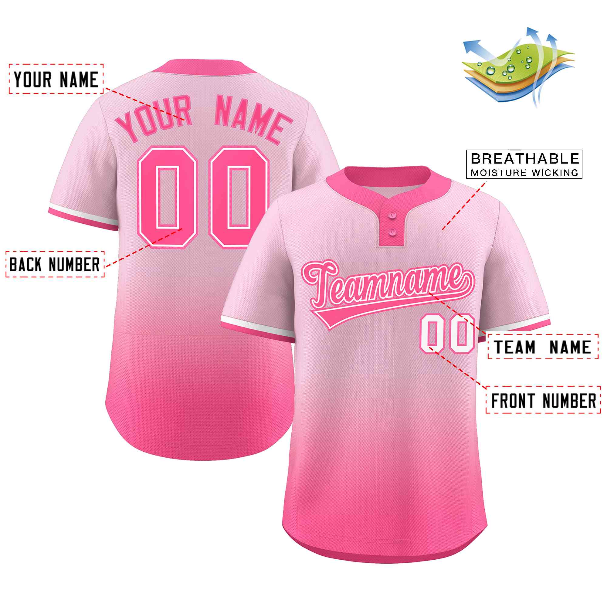 Custom Light Pink Pink Pink-White Gradient Fashion Authentic Two-Button Softball Jersey