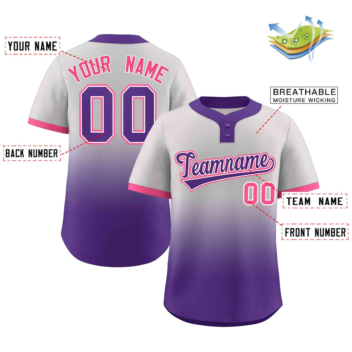 Custom Gray Purple Purple-White Gradient Fashion Authentic Two-Button Softball Jersey