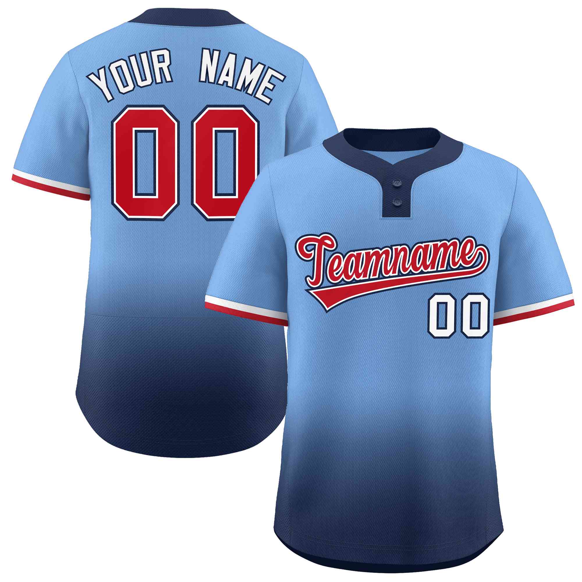 Custom Light Blue Navy Red-White Gradient Fashion Authentic Two-Button Softball Jersey