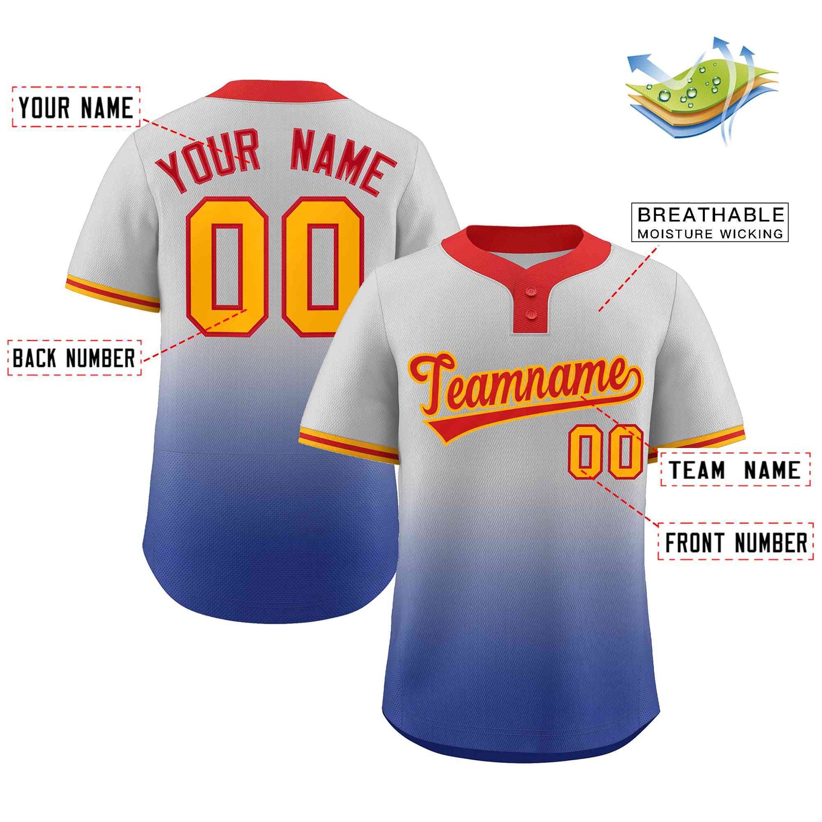 Custom Gray Royal Red-Gold Gradient Fashion Authentic Two-Button Softball Jersey