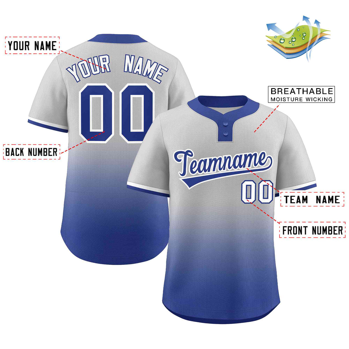 Custom Gray Royal Royal-White Gradient Fashion Authentic Two-Button Softball Jersey