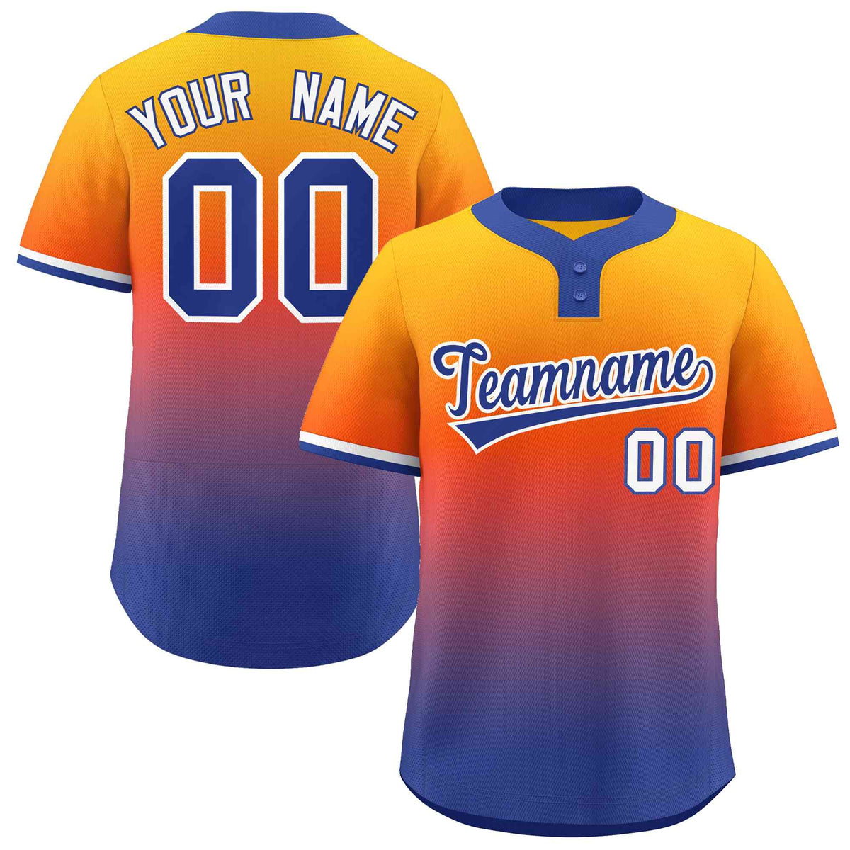 Custom Gold Orange Royal-White Gradient Fashion Authentic Two-Button Softball Jersey