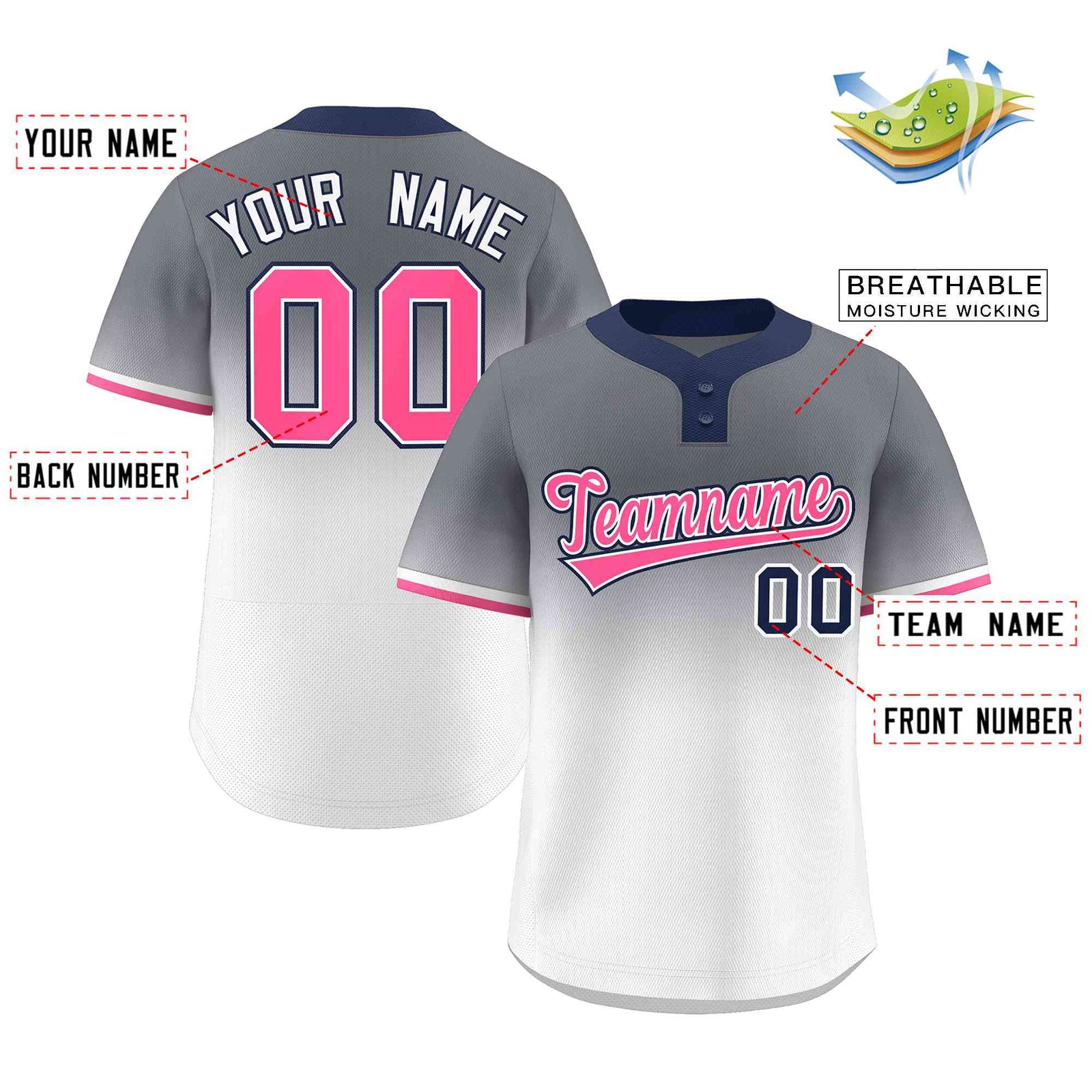 Custom Gray White Pink-White Gradient Fashion Authentic Two-Button Softball Jersey