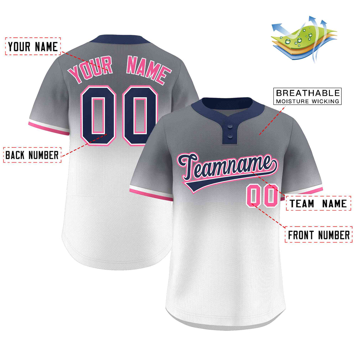 Custom Gray White Navy-White Gradient Fashion Authentic Two-Button Softball Jersey