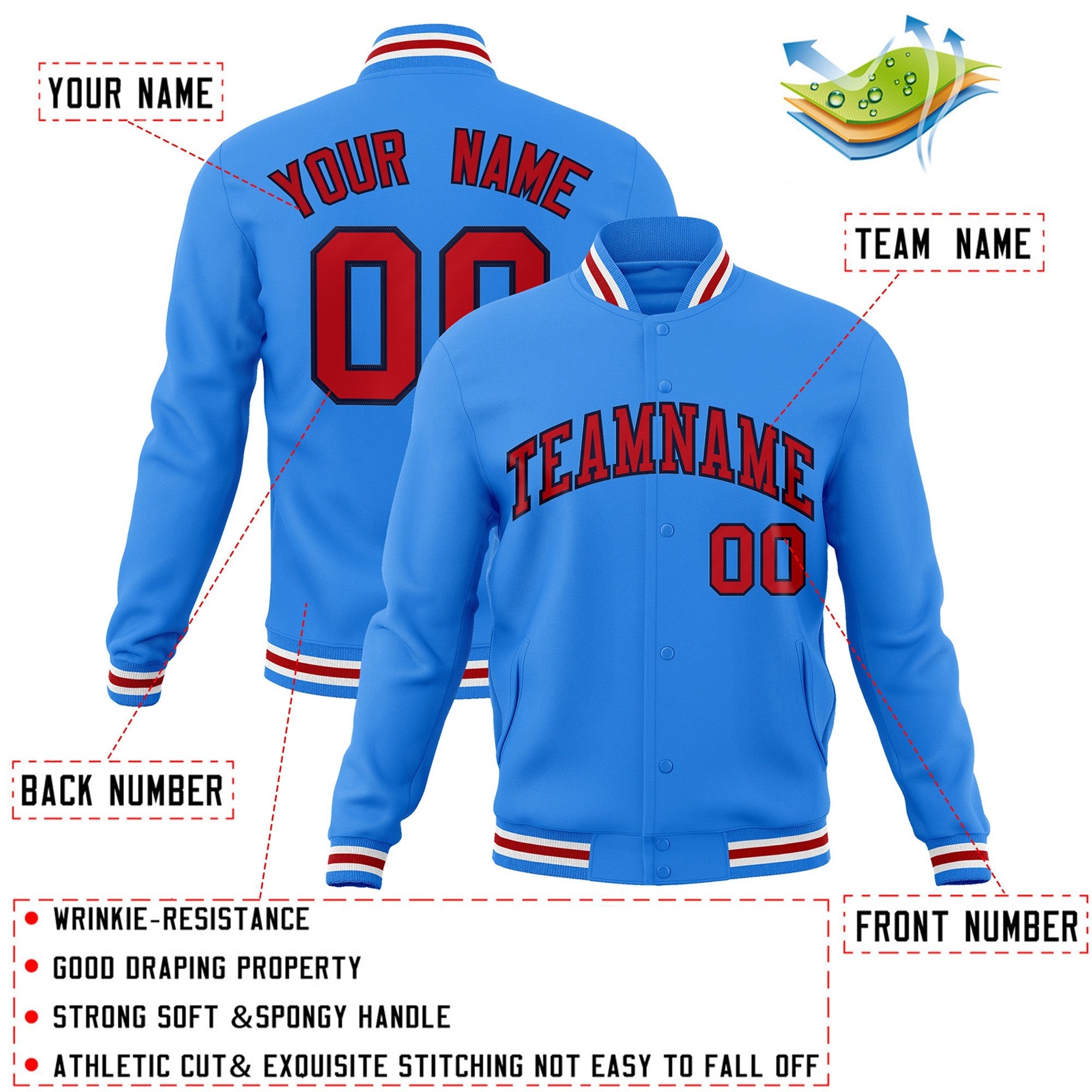 Custom Powder Blue Red-Navy Classic Style Varsity Full-Snap Letterman Jacket