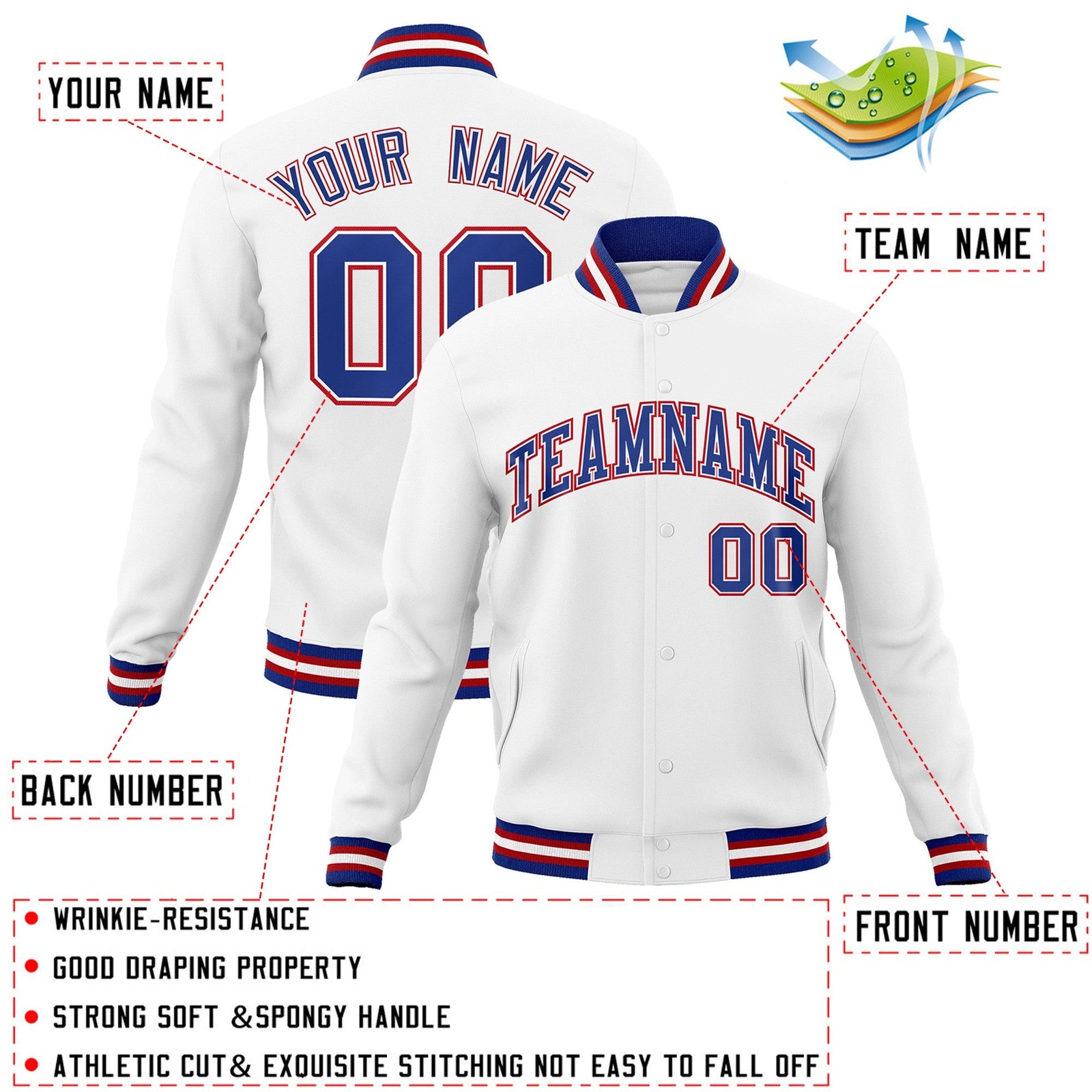 Custom White Royal-White Classic Style Varsity Full-Snap Letterman Jacket