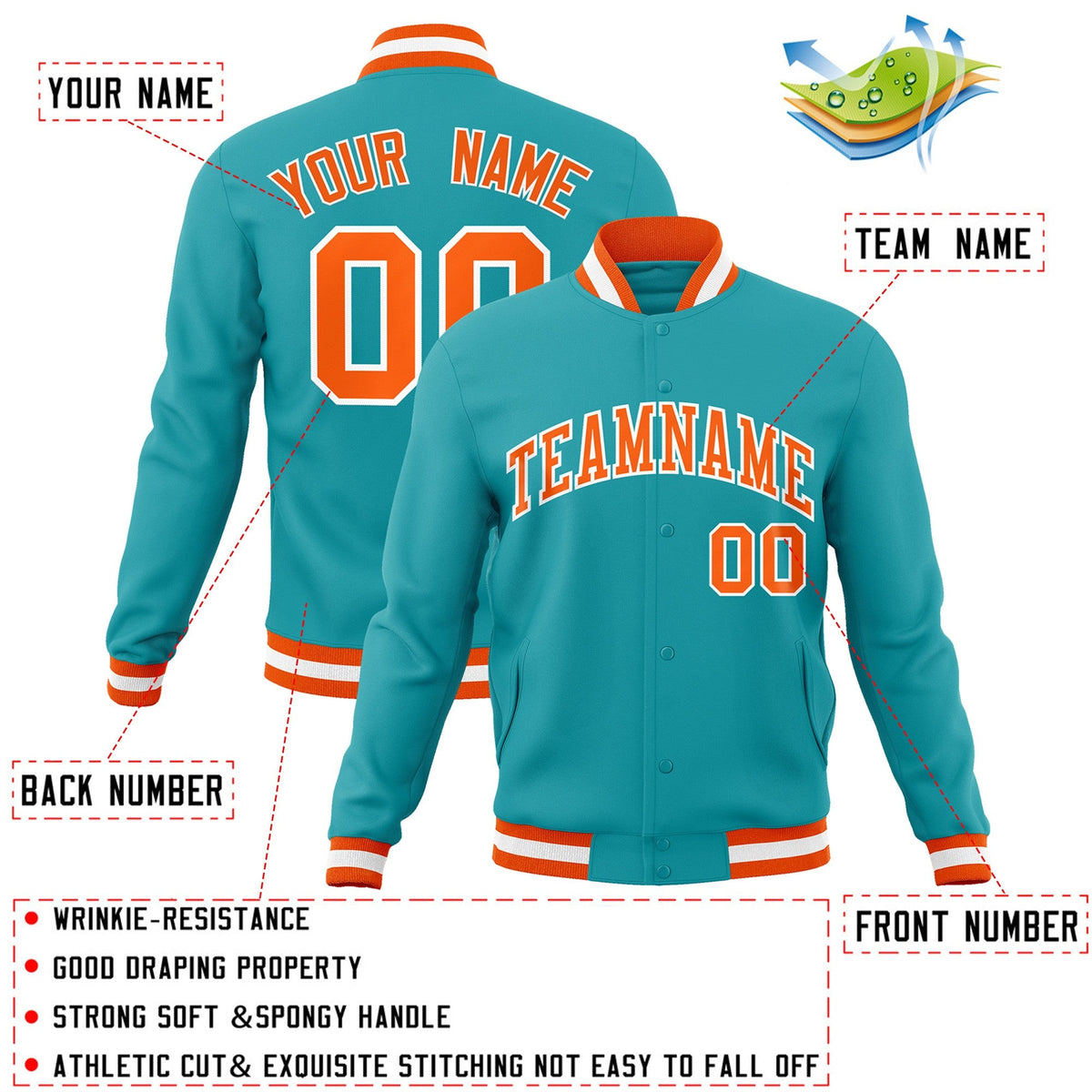 Custom Aqua Orange-White Classic Style Varsity Full-Snap Letterman Jacket