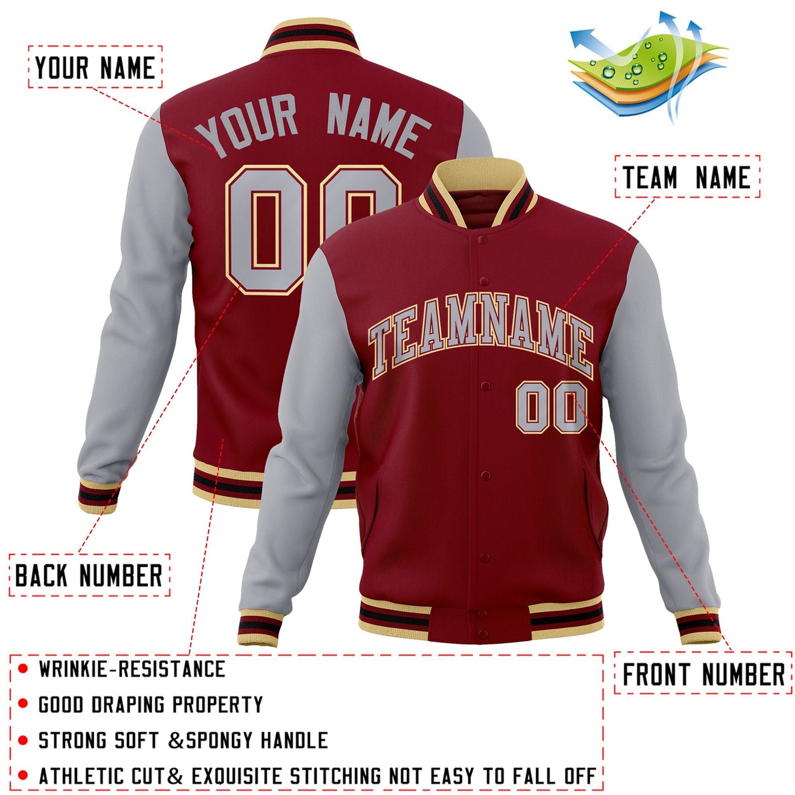 Custom Crimson Gray-Crimson Raglan Sleeves Varsity Full-Snap Letterman Jacket