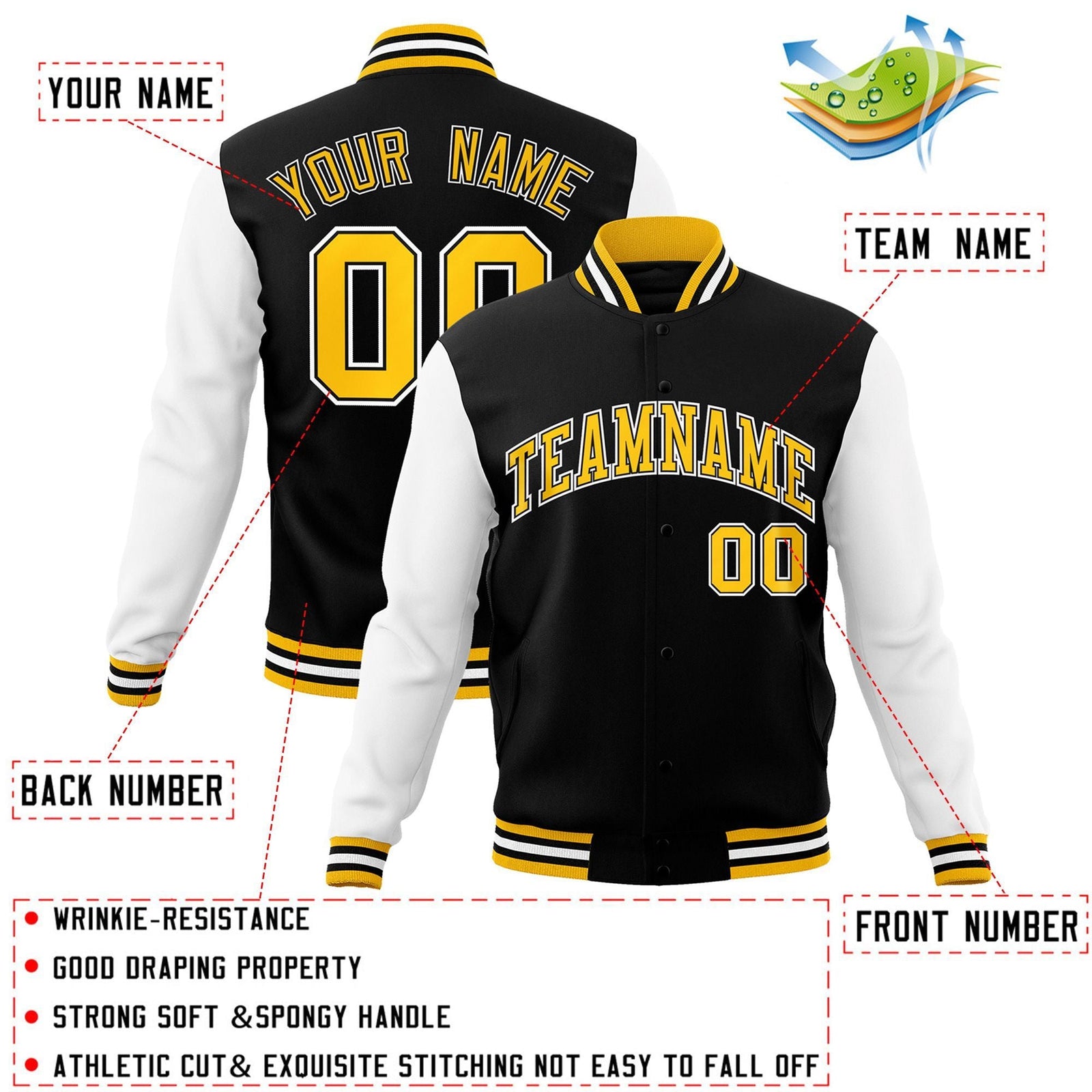 Custom Black Gold-Black Raglan Sleeves Varsity Full-Snap Letterman Jacket