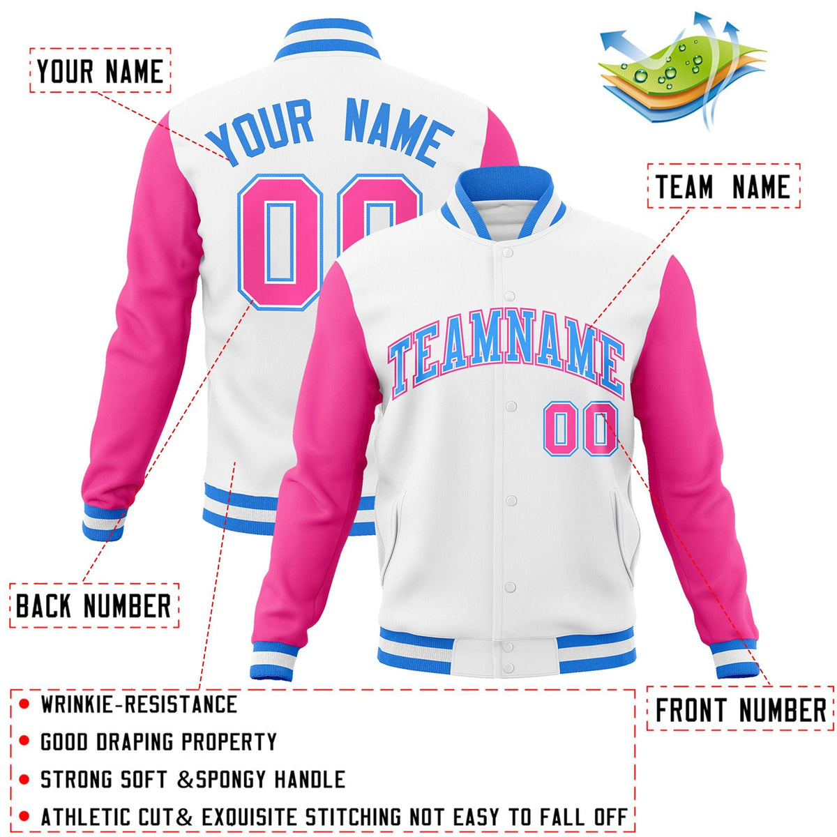 Custom White Powder Blue-White Raglan Sleeves Varsity Full-Snap Letterman Jacket