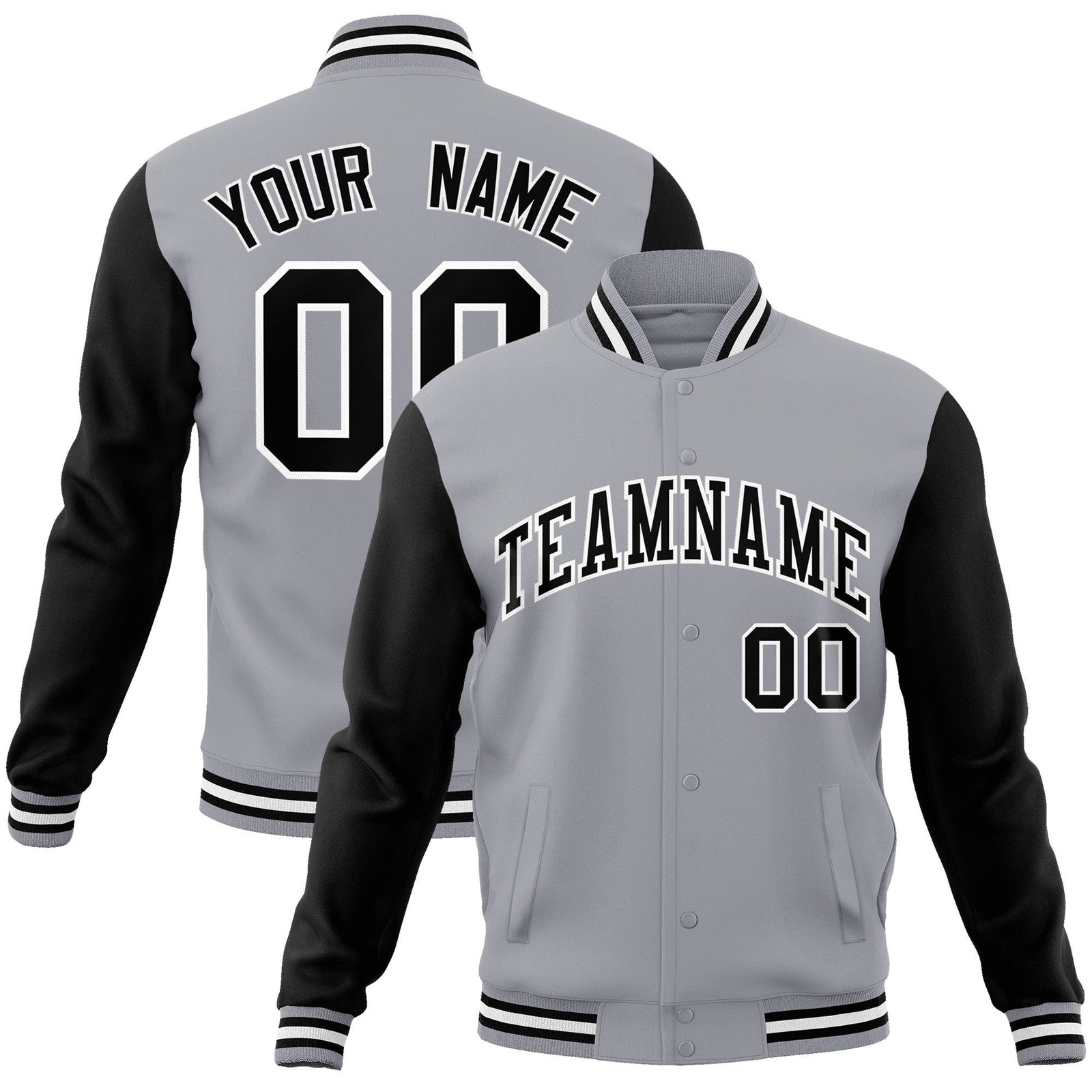 Custom Gray Black-White Raglan Sleeves Varsity Full-Snap Letterman Jacket