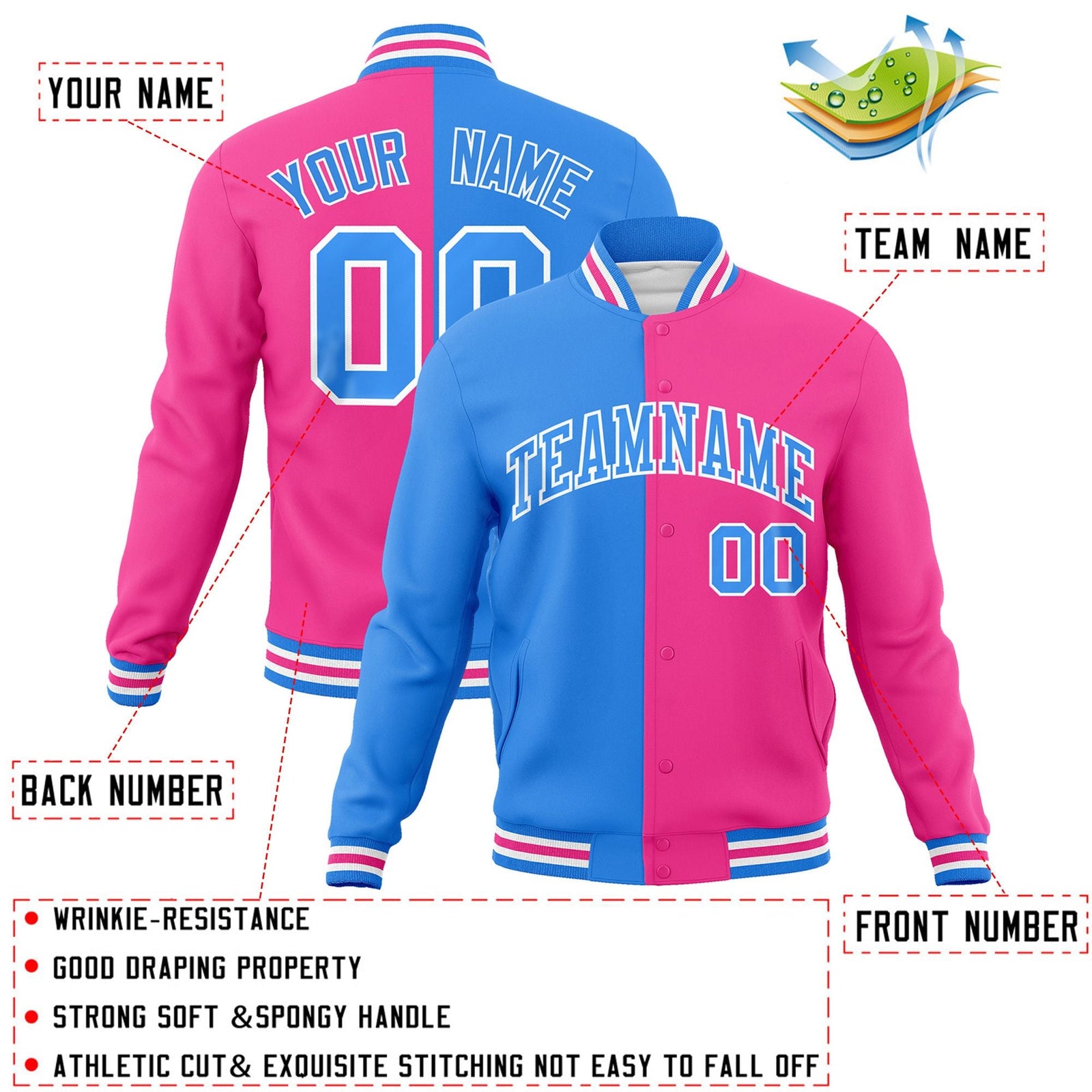 Custom Powder Blue Pink-White Varsity Full-Snap Letterman Two Tone Split Fashion Jacket