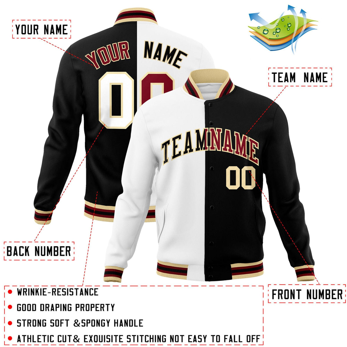 Custom White Black-Black Varsity Full-Snap Letterman Two Tone Split Fashion Jacket