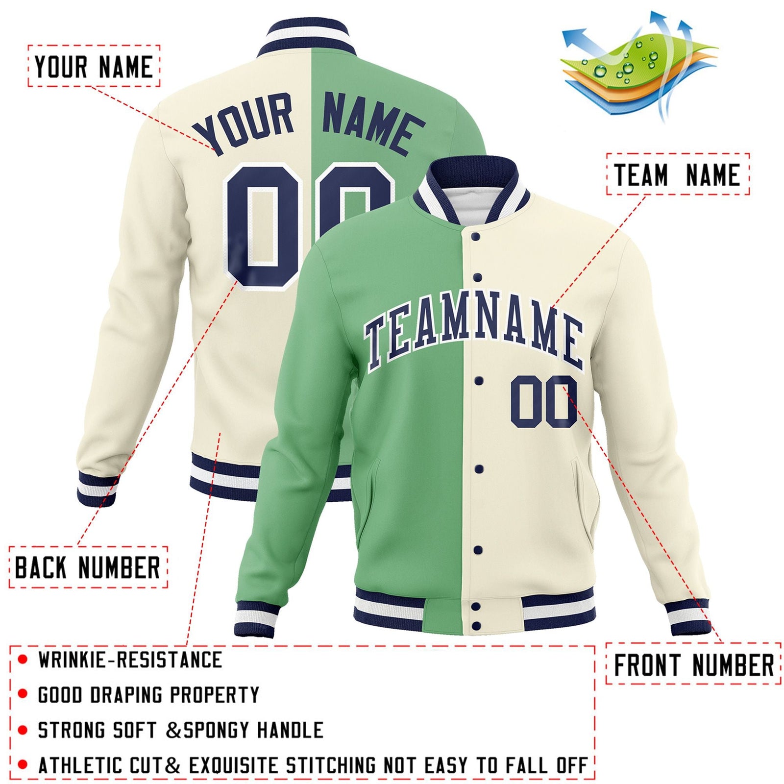 Custom Green Khaki-Navy Varsity Full-Snap Letterman Two Tone Split Fashion Jacket