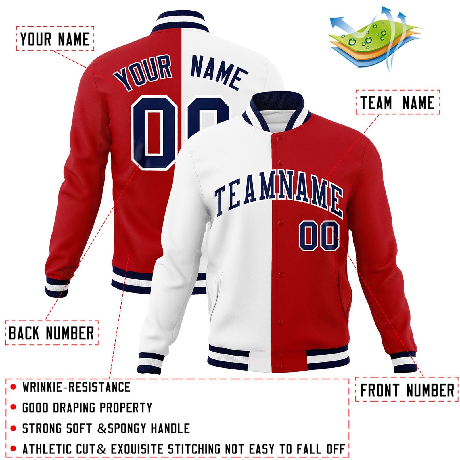 Custom White Red-Navy Varsity Full-Snap Letterman Two Tone Split Fashion Jacket