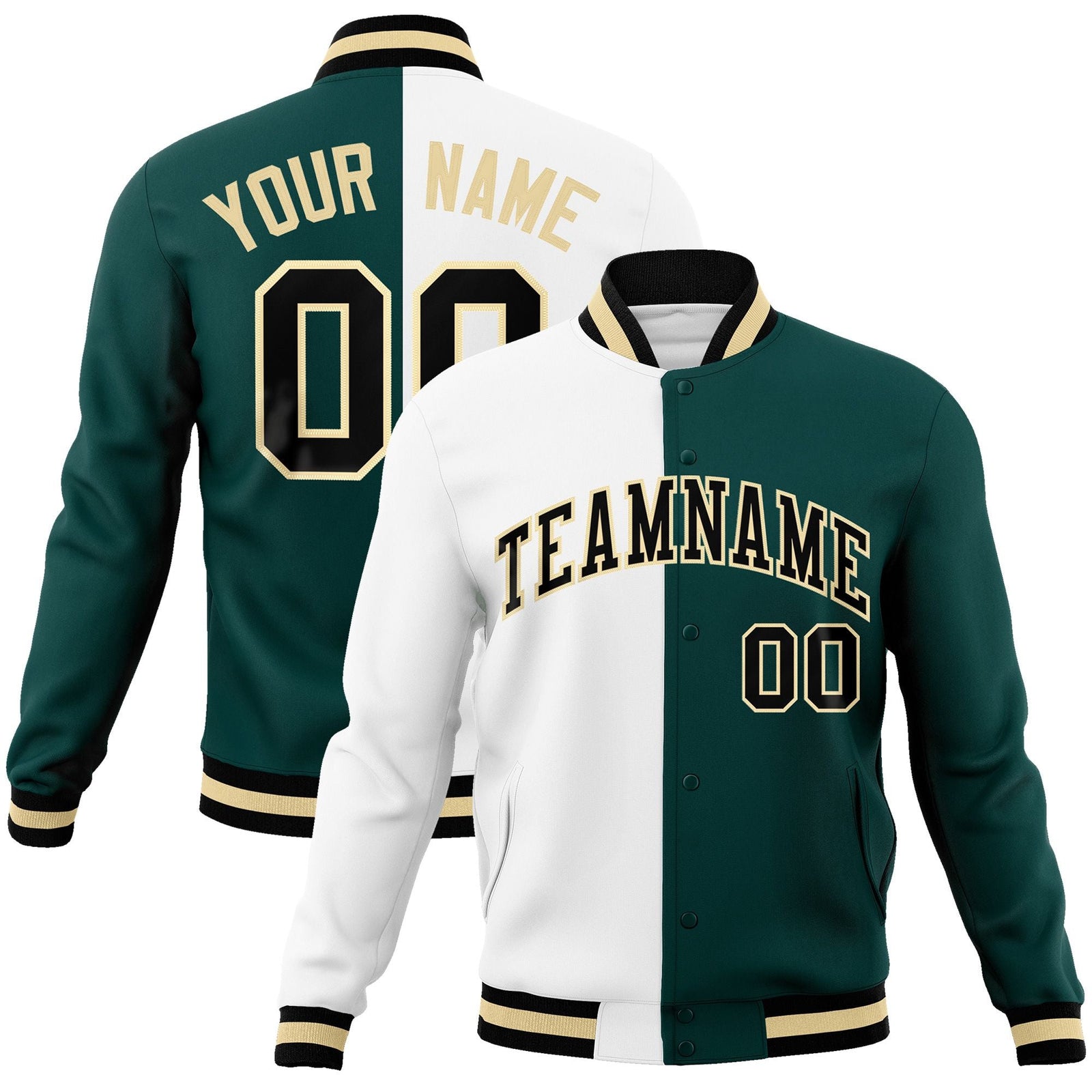 Custom White Midnight Green-Black Varsity Full-Snap Letterman Two Tone Split Fashion Jacket