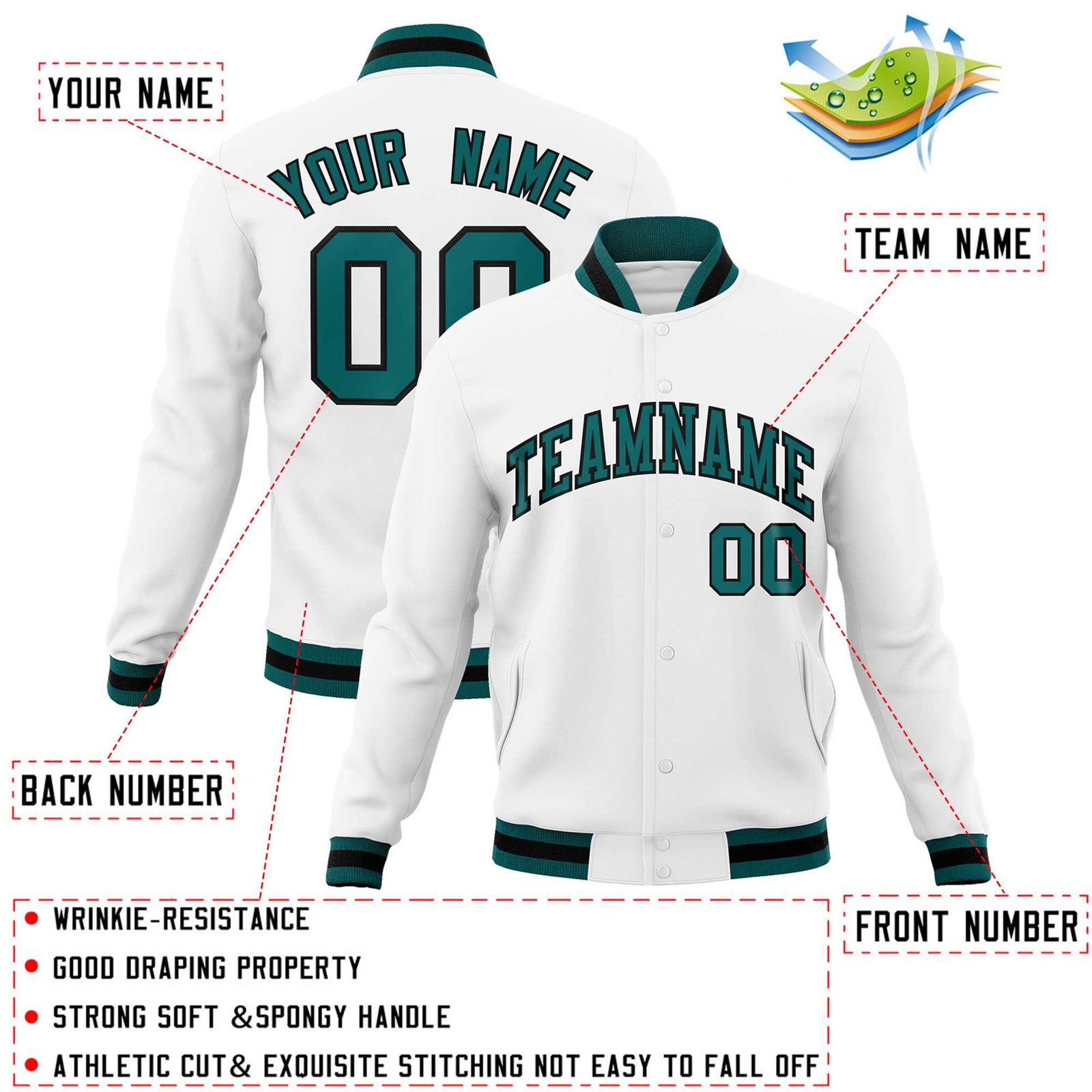 Custom White Aqua-Black Classic Style Varsity Full-Snap Letterman Jacket