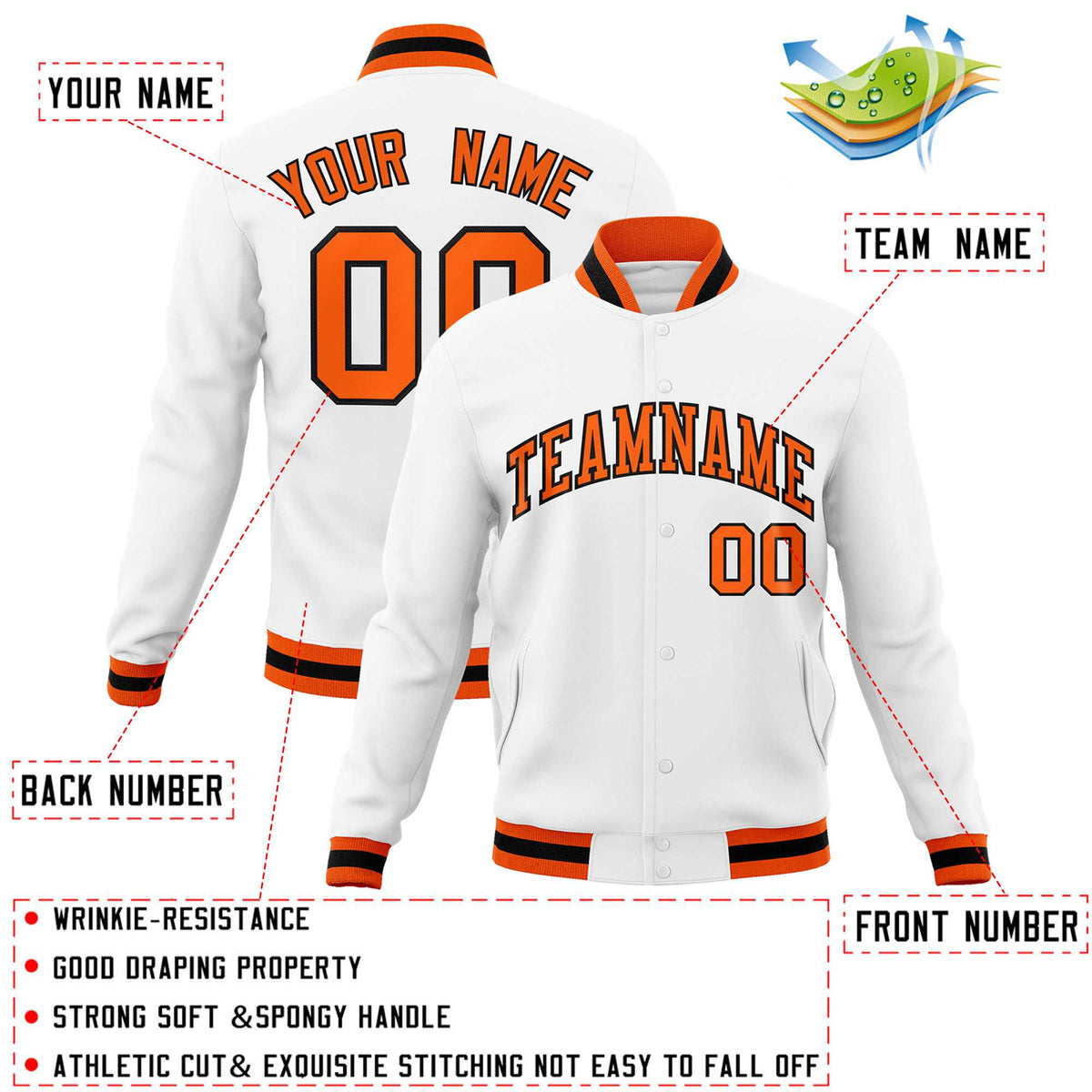 Custom White Orange-Black Classic Style Varsity Full-Snap Letterman Jacket