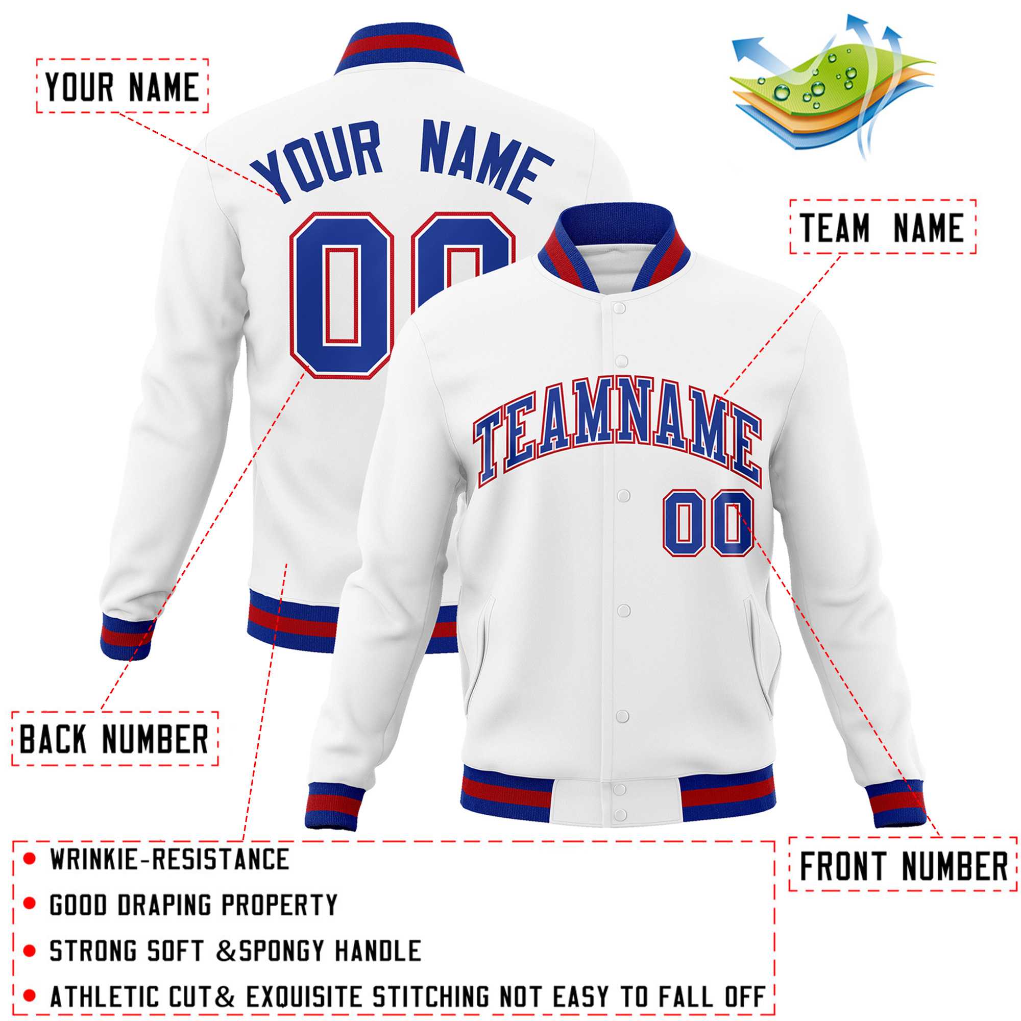Custom White Royal-Red Classic Style Varsity Full-Snap Letterman Jacket