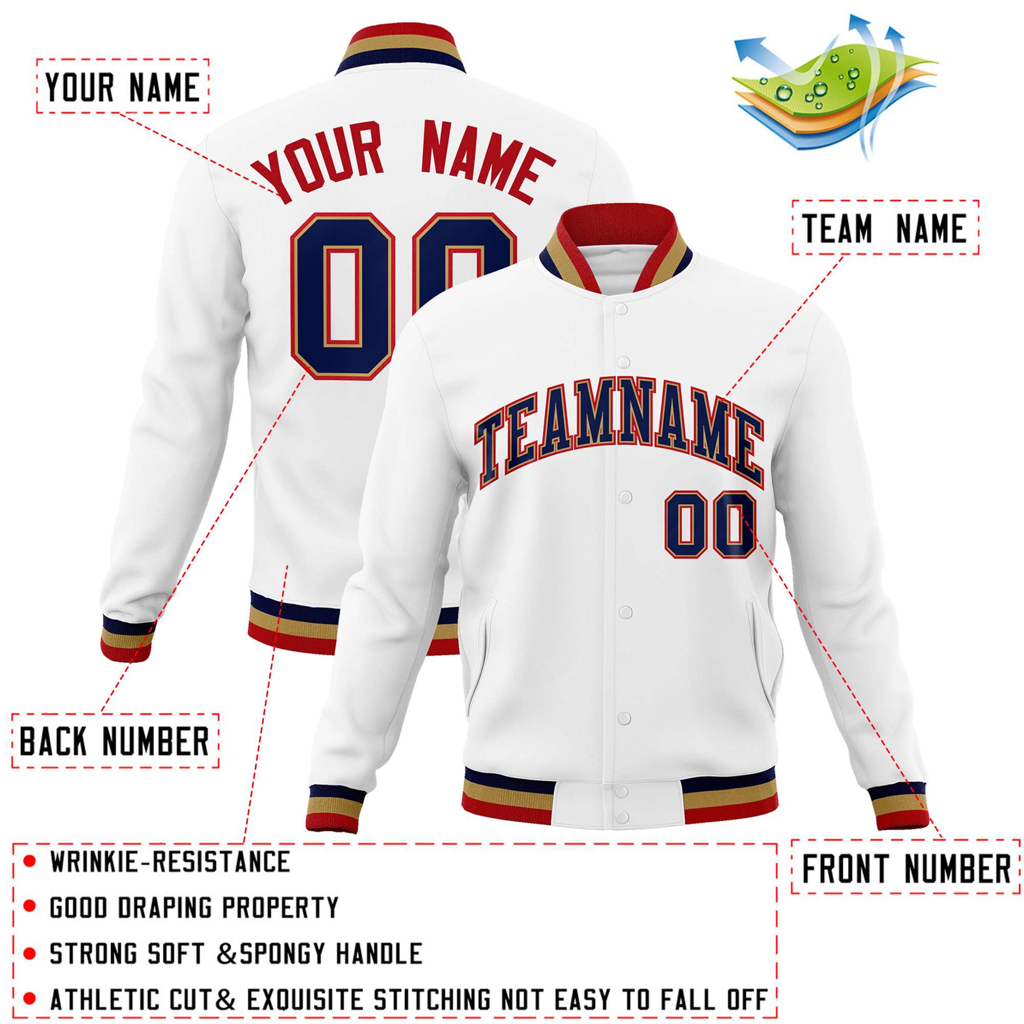 Custom White Navy-Red Classic Style Varsity Full-Snap Letterman Jacket