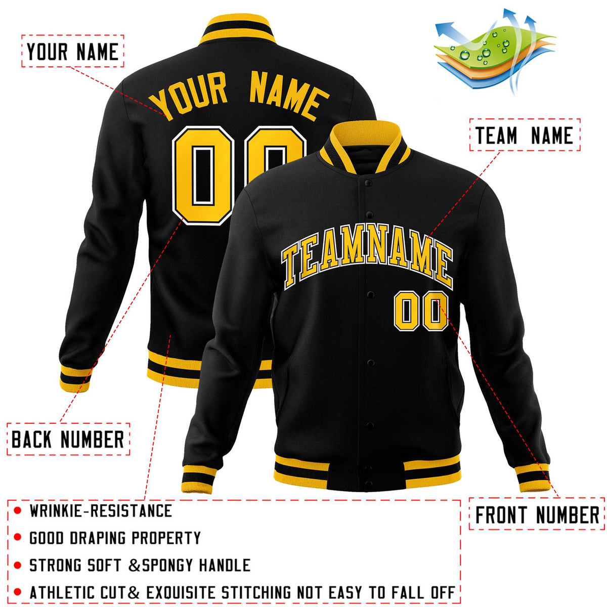Custom Black Gold-White Classic Style Varsity Full-Snap Letterman Jacket